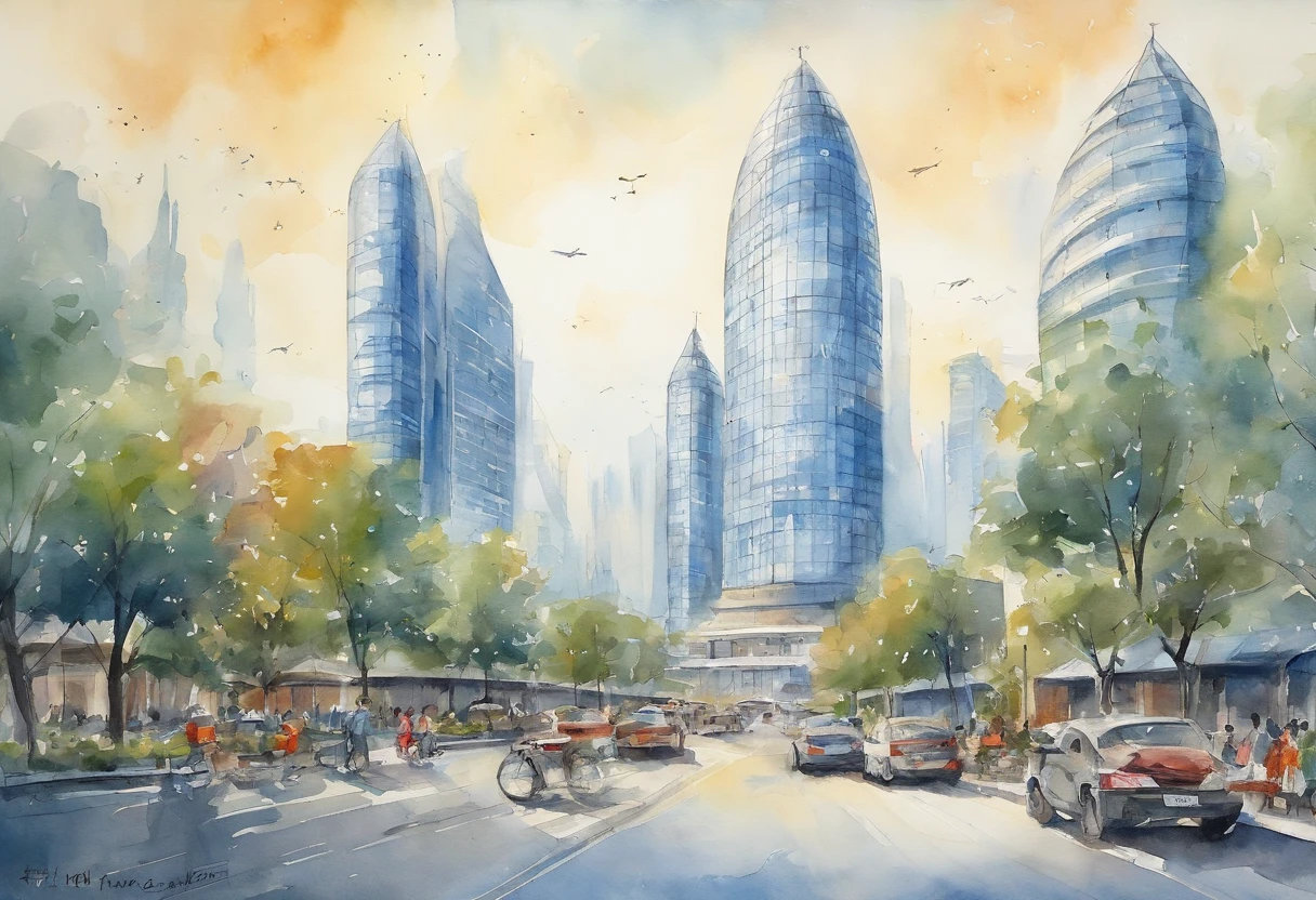The picture shows a large modern building，It has a unique design，Appearance looks like a flying saucer，The surface consists of a geometric pattern of many triangles，Give people a sense of technology and the future。The building is located in an open square，There are neatly arranged parking lots and several wide roads around。Behind the building is a row of tall skyscrapers，The blue sky and fresh climate make the whole picture look very bright。In the square in front of the building，Scattered pedestrians and some vehicles can be seen。The whole scene feels modern、Busy and orderly。