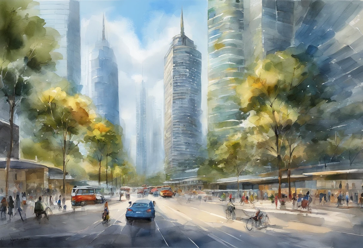 The picture shows a large modern building,It has a unique design,Appearance looks like a flying saucer,The surface consists of a geometric pattern of many triangles,Give people a sense of technology and the future。The building is located in an open square,There are neatly arranged parking lots and several wide roads around。Behind the building is a row of tall skyscrapers,The blue sky and fresh climate make the whole picture look very bright。In the square in front of the building,Scattered pedestrians and some vehicles can be seen。The whole scene feels modern、Busy and orderly。