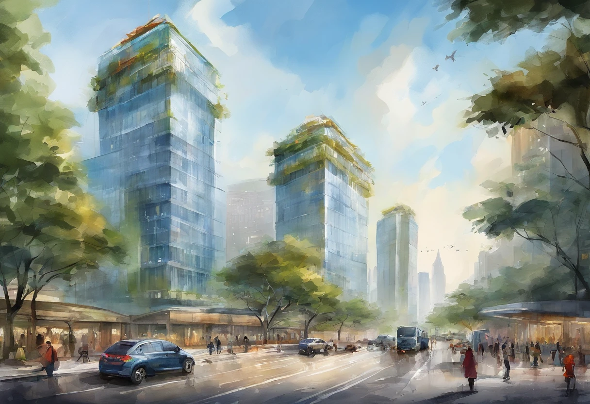 The picture shows a large modern building,It has a unique design,Appearance looks like a flying saucer,The surface consists of a geometric pattern of many triangles,Give people a sense of technology and the future。The building is located in an open square,There are neatly arranged parking lots and several wide roads around。Behind the building is a row of tall skyscrapers,The blue sky and fresh climate make the whole picture look very bright。In the square in front of the building,Scattered pedestrians and some vehicles can be seen。The whole scene feels modern、Busy and orderly。