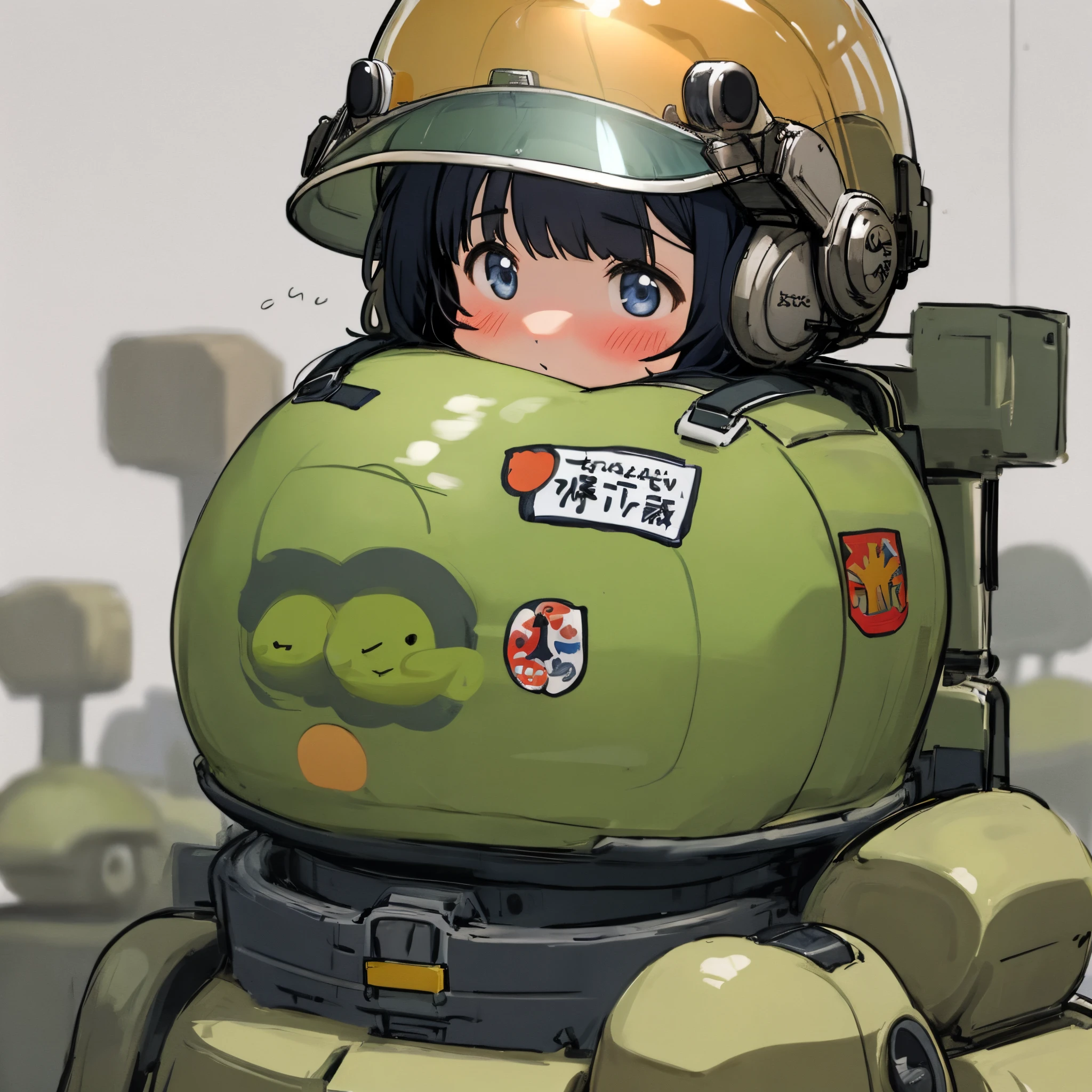 Military otaku girl wearing helmet, moe blob, chubby girl