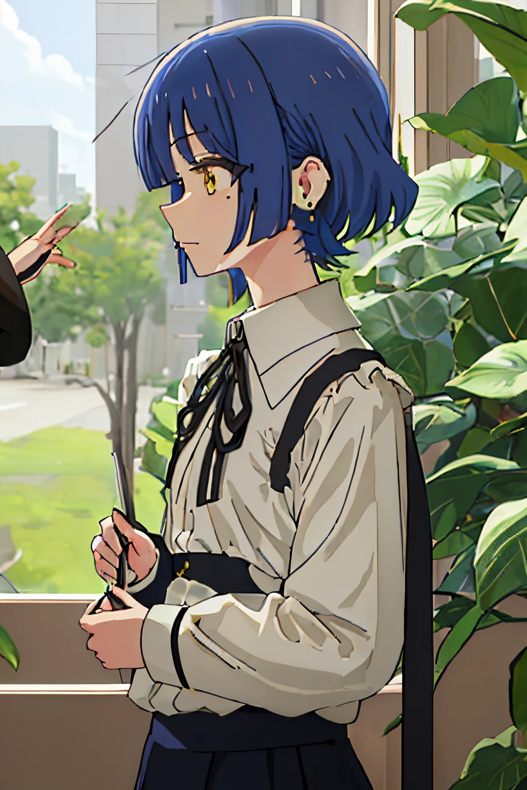 best quality, masterpiece, highres, solo, {yamada_ryo_bocchitherock:1.15}, blue_hair, short_hair, bangs, mole_under_eye, mole, yellow_eyes, hair_ornament, closed_mouth, hairclip, 1girl, collared_shirt, earrings, layered_sleeves, long_sleeves, shirt, short_over_long_sleeves, short_sleeves, upper_body, white_shirt, black_ribbon, black_shirt, from_side, jewelry, neck_ribbon, profile, ribbon