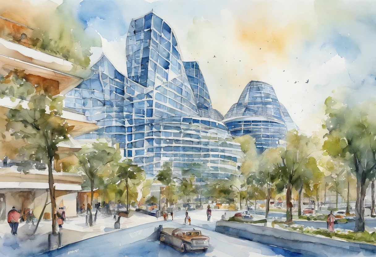 The picture shows a large modern building with a unique design that presents a saucer-like shape and a surface made up of many triangular geometric patterns, giving it a technological and futuristic feel. The building is located in an open square, surrounded by neatly arranged parking lots and several wide roads. Behind the building is a row of towering skyscrapers, and the blue sky and fresh climate make the whole picture look very bright. In the square in front of the building, scattered pedestrians and some vehicles can be seen. The whole scene gives the impression of being modern, busy and organized. ￼￼￼￼￼