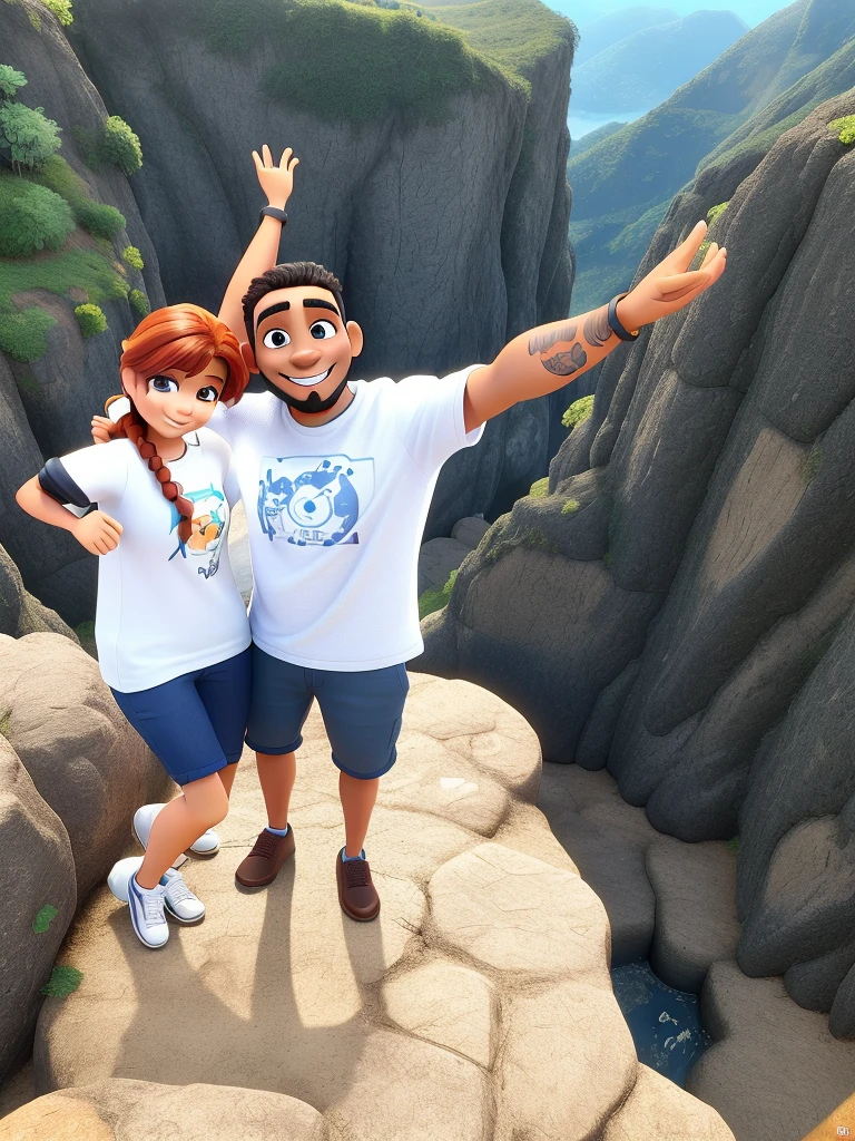 Mulher sorrindo cabelo amarelo, homem moreno , cabelo preto, com barba sorrindo, estilo Disney Pixar,alta qualidade, melhor qualidade.