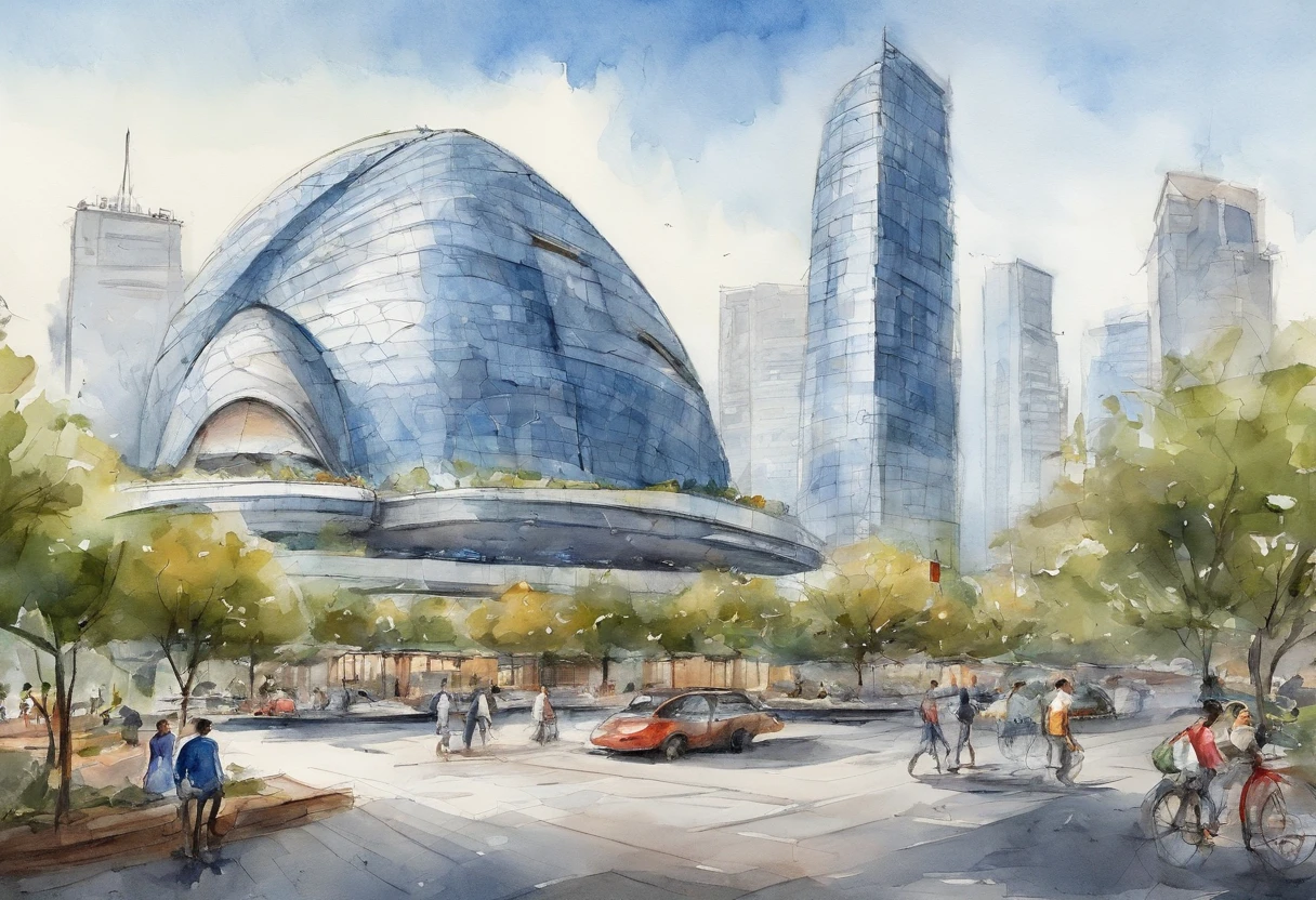 The picture shows a large modern building,it has a unique design,Looks like a flying saucer,The surface consists of a geometric pattern of many triangles,It gives a sense of technology and the future。the building is located on an open square,There are neatly arranged parking lots and several wide roads around。Behind the building is a row of tall skyscrapers,The blue sky and fresh climate make the whole picture look very bright。In the square in front of the building,Scattered pedestrians and some vehicles can be seen。The whole scene gives a modern feel、Busy and organized。