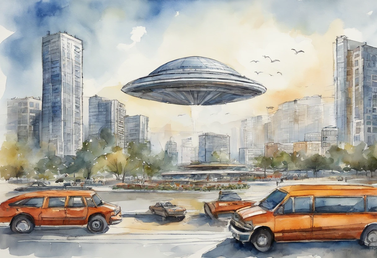 The picture shows a large modern building，it has a unique design，Looks like a flying saucer，The surface consists of a geometric pattern of many triangles，It gives a sense of technology and the future。the building is located on an open square，There are neatly arranged parking lots and several wide roads around。Behind the building is a row of tall skyscrapers，The blue sky and fresh climate make the whole picture look very bright。In the square in front of the building，Scattered pedestrians and some vehicles can be seen。The whole scene gives a modern feel、Busy and organized。