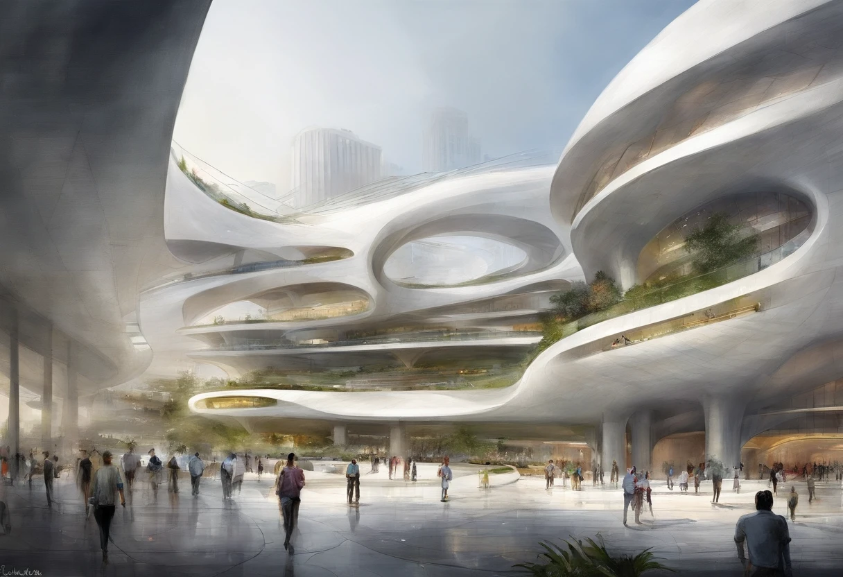 urban center，Araffature of dome roof and parking lot building, Cha Shibiao, shenzhen, Inspired by Cha Shibiao, Zaha Hadid style architecture, Zaha Hadid architect style, Zaha Hadid Architecture, huge futuristic building,zaha hadid building, full view, futuristic sport arena, beijing