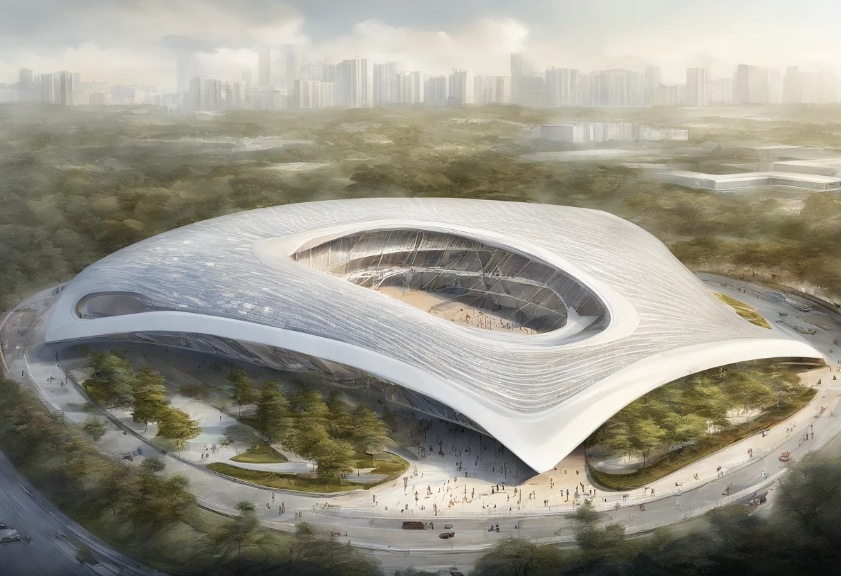 urban center,Araffature of dome roof and parking lot building, Cha Shibiao, shenzhen, Inspired by Cha Shibiao, Zaha Hadid style architecture, Zaha Hadid architect style, Zaha Hadid Architecture, huge futuristic building,zaha hadid building, full view, futuristic sport arena, beijing