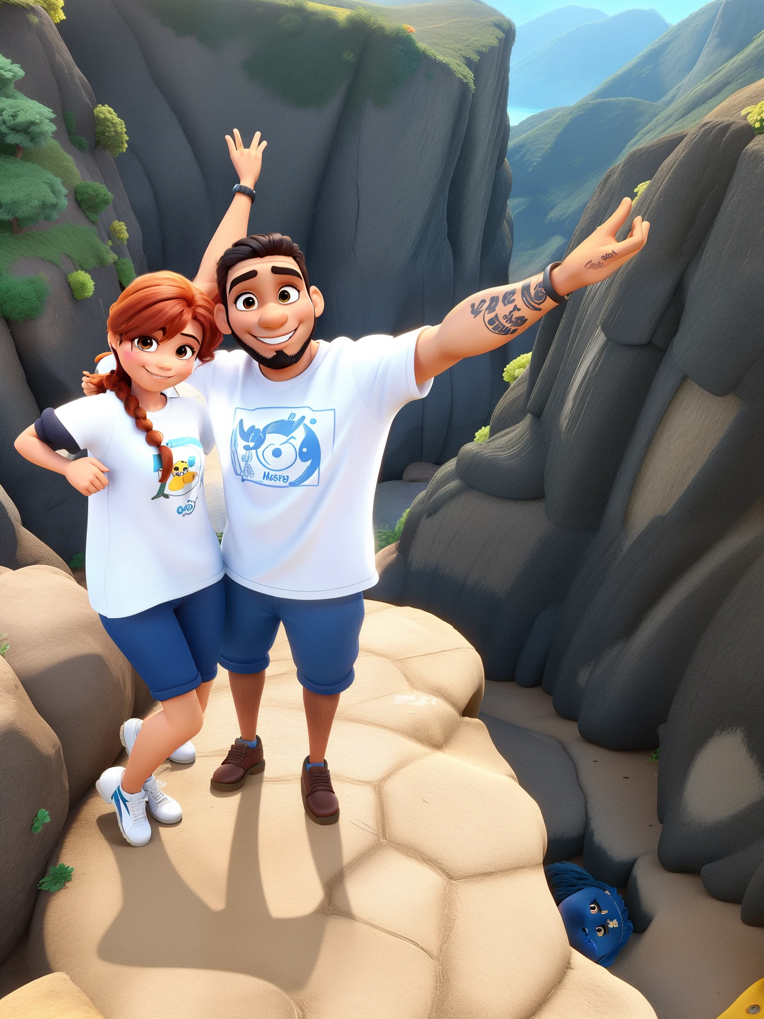 Mulher sorrindo cabelo amarelo, homem moreno , cabelo preto, com barba sorrindo, estilo Disney Pixar,alta qualidade, melhor qualidade.