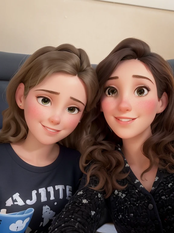 il ya une femme et une jeune fille assises ensemble sur un canapé, Magali Villeneuve et Monet, Femme de 30 ans, 3 0 ans femme, En regardant en partie vers la gauche, Photo de profil, Charli Bowater et Artgeem, Photographie selfie 8k, Regarder vers la caméra, tous deux souriants pour la caméra, image de très très mauvaise qualité