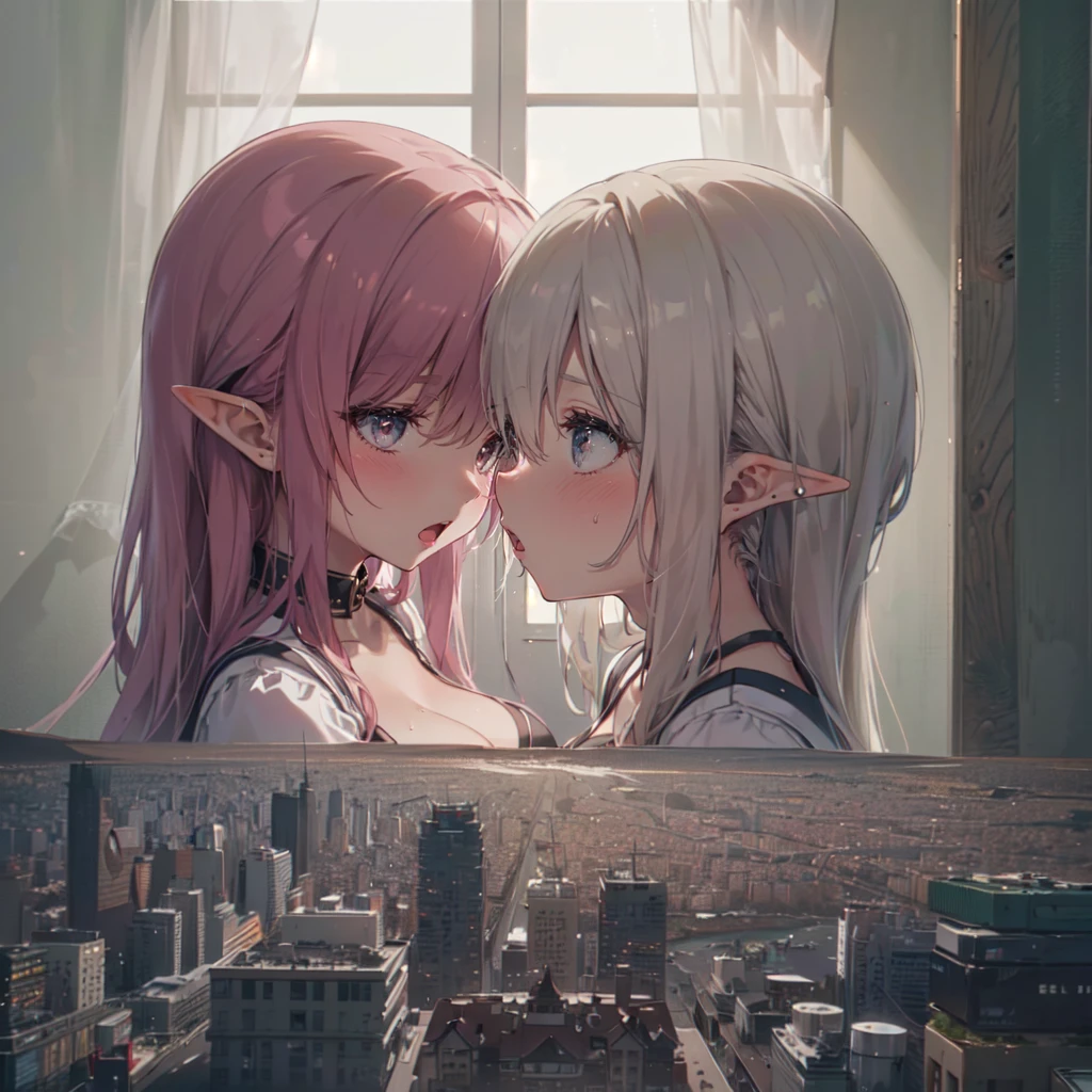 (2girls:1.8), (height_difference:1.5), (size_difference:1.2), (bedroom: 1.2), table, desk,
AND (2girls:1.3), (yuri:1.2), two girls next to each other, (giantess:1.3), small breasts, (breasts and face closeup), smug, cleavage, long hair, elf, elf ears, bangs, hair covering eyes, breast press, :o, >:D,, sweaty, tongue, a city of people on a platform below the breasts of a giantess, a city of people on a platform in front of the breasts of a giantess, (crowds:1), (multiple_girls:1.5), (1girl:1.5), serafuku, (minigirl:1.4), (minigirl on a table: 1.2), buildings, cafe, (cityscape from sky view: 1.5), (cityscape:1.5)