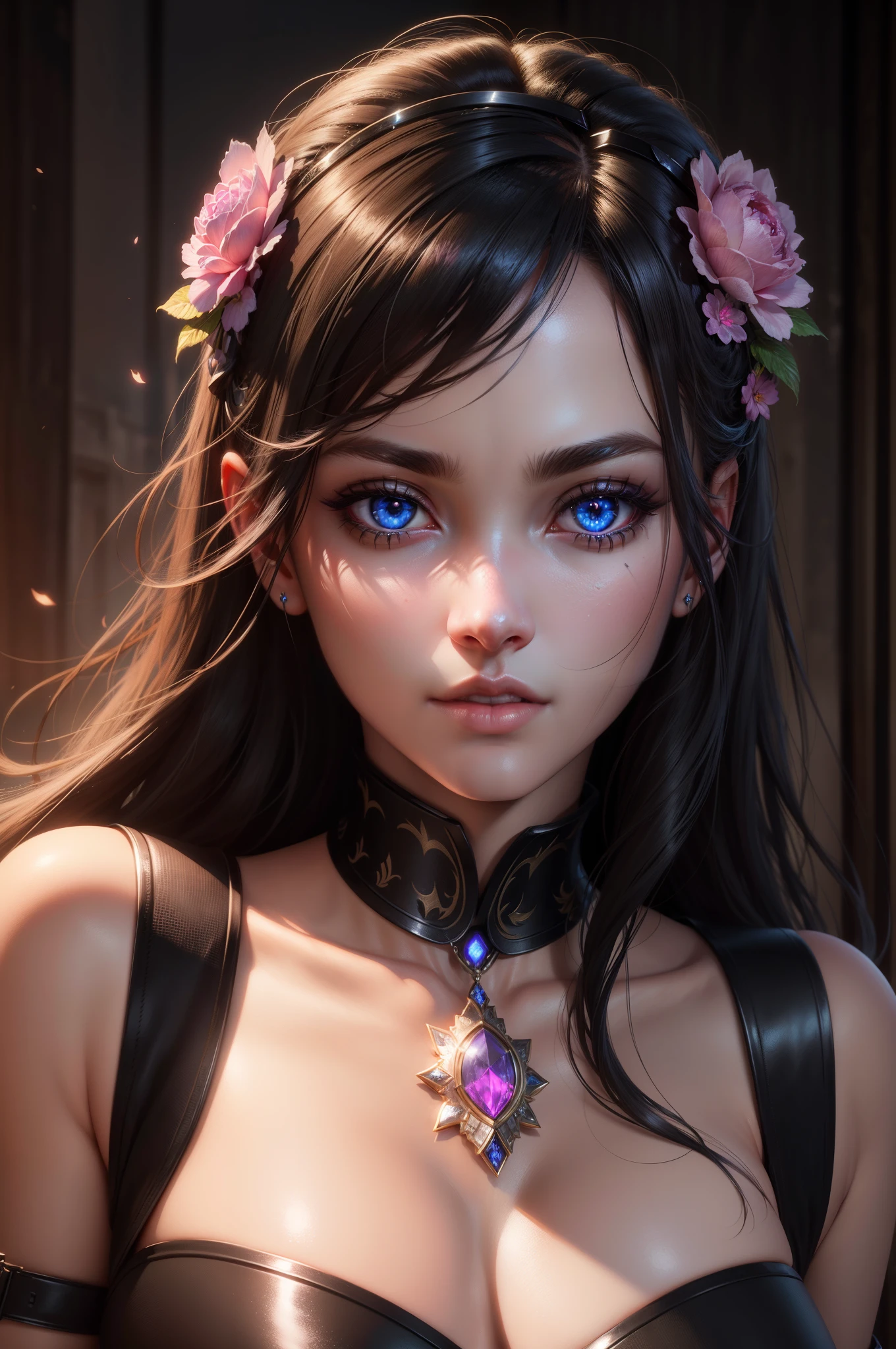 Masterpice, high quality, 4k, unreal engine, Face portrait of a very Beautiful princesse glowing eyes sexy face glowing eyes hyper realistic super detailed Dynamic shot, black hair, brown eyes, pink lips