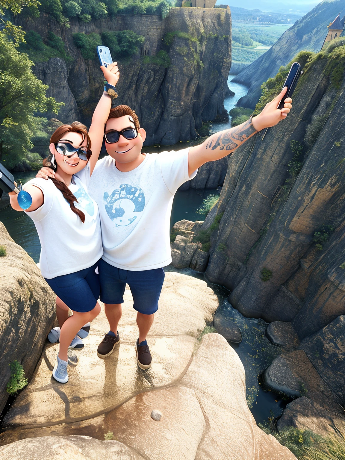 Pixar style, there is a man and woman taking a selfie by the water, with a castle in the background, high quality