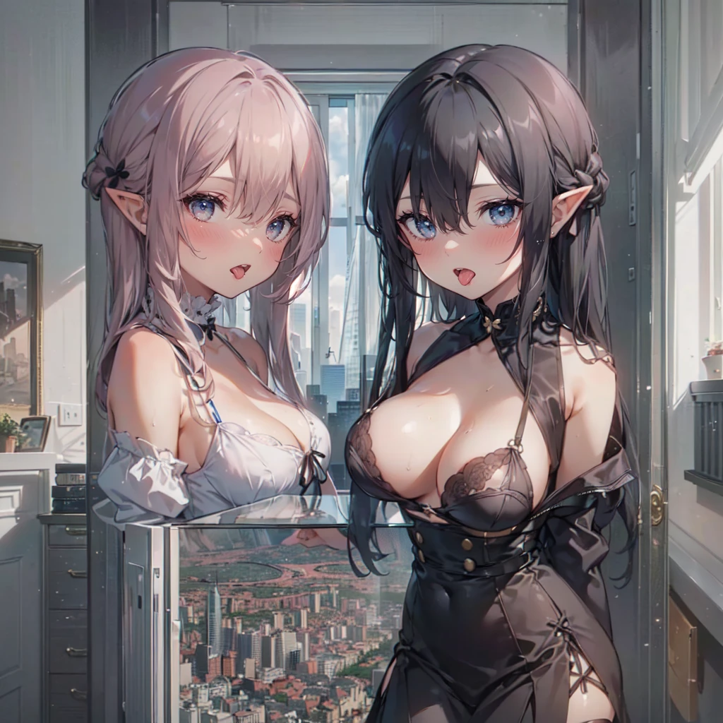 (2girls:1.8), (height_difference:1.5), (size_difference:1.2), (bedroom: 1.2), table, desk,
AND (2girls:1.3), (yuri:1.2), two girls next to each other, (giantess:1.3), small breasts, (breasts and face closeup), smug, cleavage, long hair, elf, elf ears, bangs, hair covering eyes, breast press, :o, >:D,, sweaty, tongue, a city of people on a platform below the breasts of a giantess, a city of people on a platform in front of the breasts of a giantess, (crowds:1), (multiple_girls:1.5), (1girl:1.5), serafuku, (minigirl:1.4), (minigirl on a table: 1.2), buildings, cafe, (cityscape from sky view: 1.3), (cityscape:1.2)