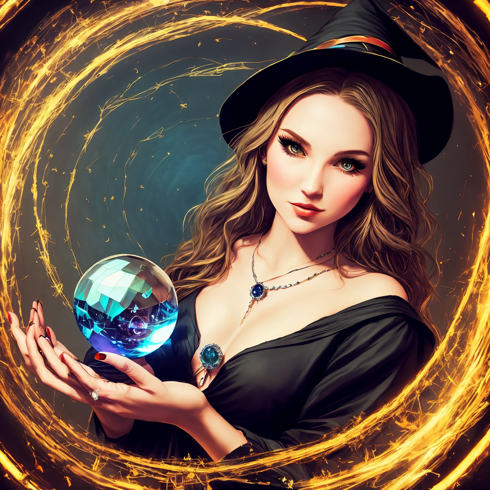 Make hookups style Jeremy Klein art of a cute witch holding a crystal ball doing spells on a summing circle