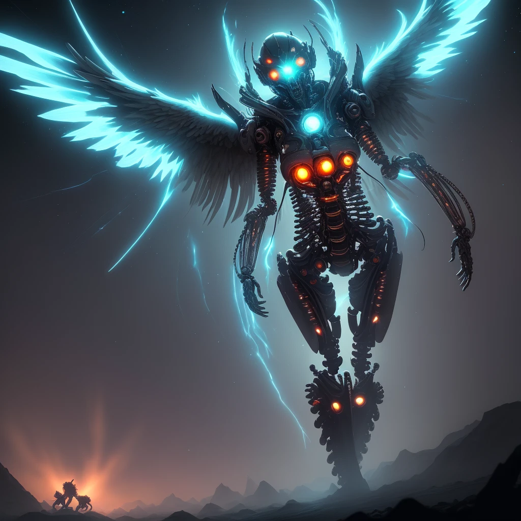 Cosmic Fallen Angel, Glowing light eyes, biomechanical, eldritch, Creepy, nightmarish, Very bright colors, light particles, with luminous light, Mshiff, Wallpaper Art, UHD wallpaper