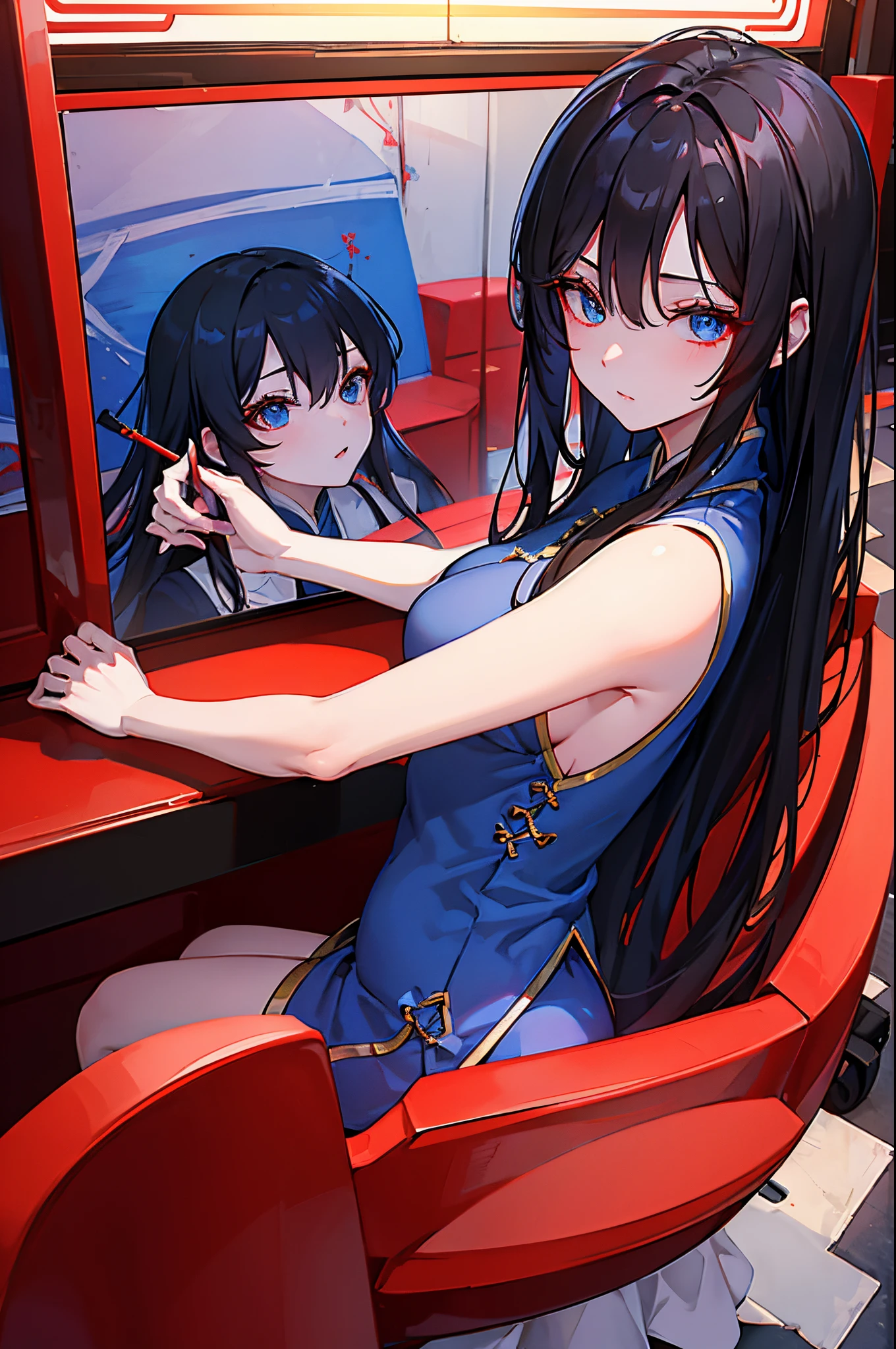 A dark-haired blue eyess Red cheongsam Zhonghua Store masterpiece Top image quality denoise Clear cinematic shadow Increased attractiveness of the eyes Clear the shine of the eyes Draw eyelashes neatly Perfect Eye A detailed eye Sharpen image quality Sharpen eye writing Clear eye shape