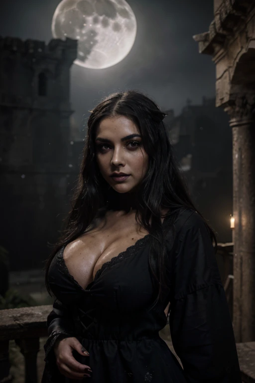 hermosa mujer vampiro vestida con un vestido victoriano ombros descubiertos, ojos azules, de cuerpo entero con ojeras, cde pie en un balcon de un castillo tenebroso viejo y abandonado, The night is shrouded in a dense fog and the moon is full, terror , horror, roto, distorsionado, cielo, niebla, humo, polvo, templo en ruinas, miedo, Grim creatures, obra maestra, ultra-high-resolution, alta calidad, cinematography lighting, media luana