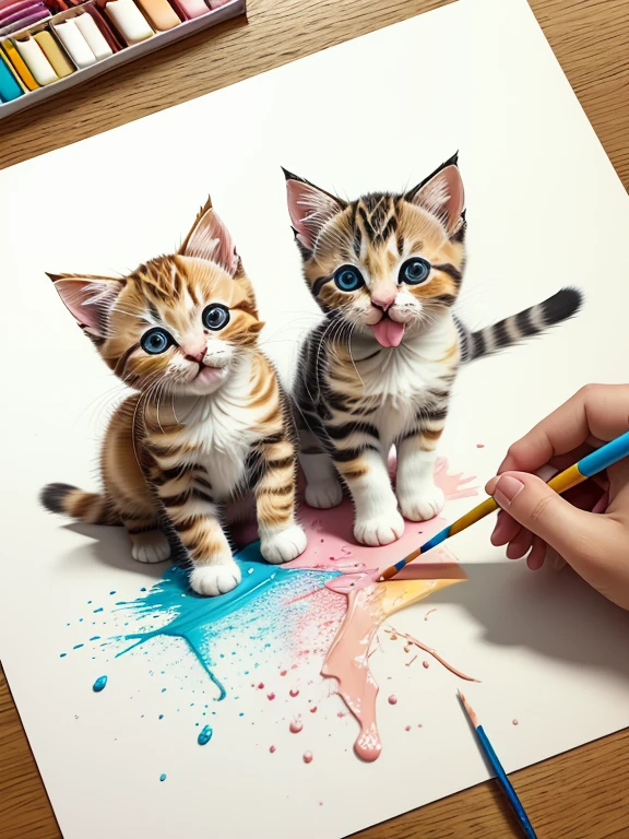colored pencil drawing of two very cute kittens playing with splashed paint and falling paint drops --ar 4:5 --s 500