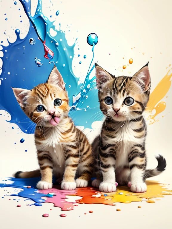 colored pencil drawing of two very cute kittens playing with splashed paint and falling paint drops --ar 4:5 --s 500
