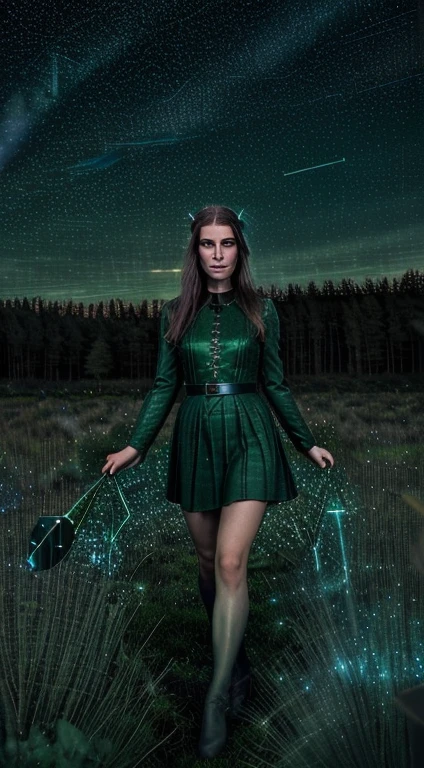 dark green magical field, northern lighted sky, stars scattered in sky