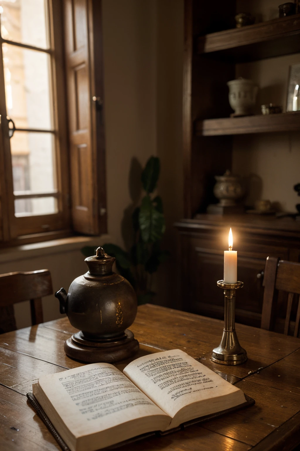 Describe a scene set in a quiet corner of an old Indian study, where an antique writing table takes center stage, with candle lights ((On the table, there's parchment waiting to be filled, a classic fountain pen dipped in inkpot, a paperweight holding down pages)), a collection of well-worn books surrounding the scene, (Capture the ambiance of this nostalgic space), candle lighting, evoking a sense of history and literary inspiration
