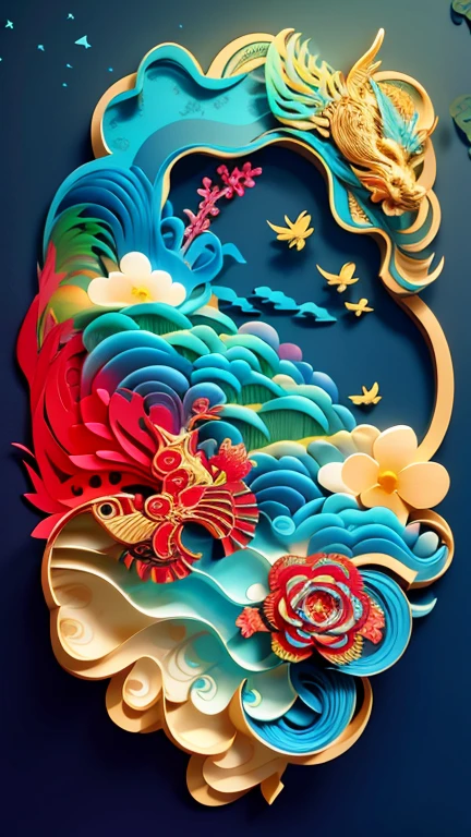Paper cut close-up of dragon and wave, The art of layered paper, paper art, Intricate and colorful masterpieces, intricate 3 d illustration, A colorful and intricate masterpiece, Detailed digital 3D art, colourful artwork, arte em papel cortado, Complex artwork, Abstract 3D artwork, Highly complex and colorful, unique and intricate painting, intricate digital painting, Beautiful digital artwork