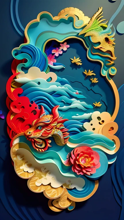 Paper cut close-up of dragon and wave, The art of layered paper, paper art, Intricate and colorful masterpieces, intricate 3 d illustration, A colorful and intricate masterpiece, Detailed digital 3D art, colourful artwork, arte em papel cortado, Complex artwork, Abstract 3D artwork, Highly complex and colorful, unique and intricate painting, intricate digital painting, Beautiful digital artwork
