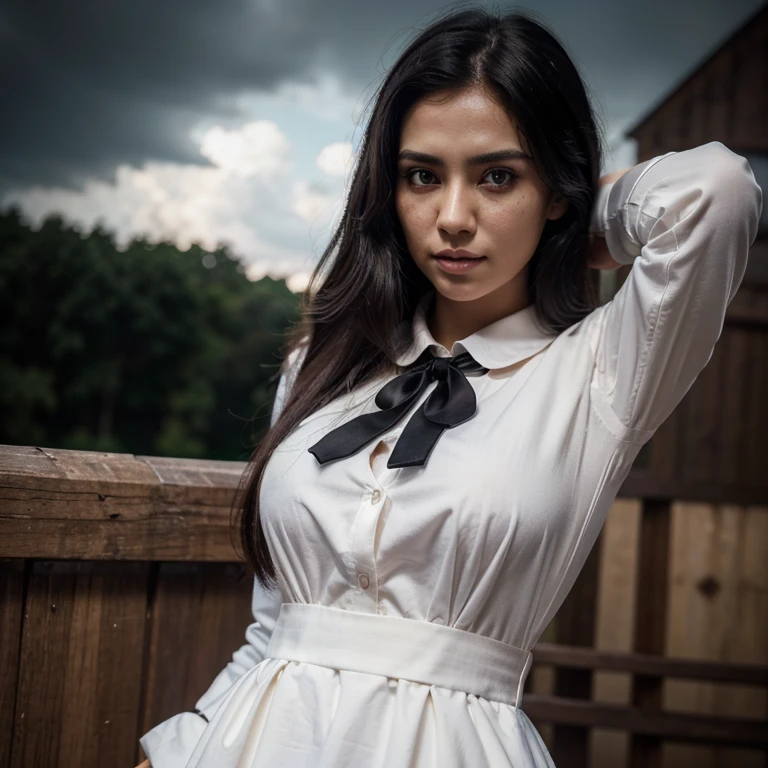 (hyper-realistic), (illustration), (high resolution), (8K), (extremely detailed), (best illustration), Yoru ( Chainsaw Man ), (beautiful detailed eyes), (best quality), (ultra-detailed), (masterpiece), (wallpaper), (detailed face), solo, upper body, focus on face, 1 girl, long black hair, Bangladeshi, thin eyeshadow, well-detailed eyes, brown eyes, small moles under the eyes, long sleeve shirt, neck bow, small breasts, pinafore dress, dynamic pose, low lighting, night, dark, clouds, dark night
