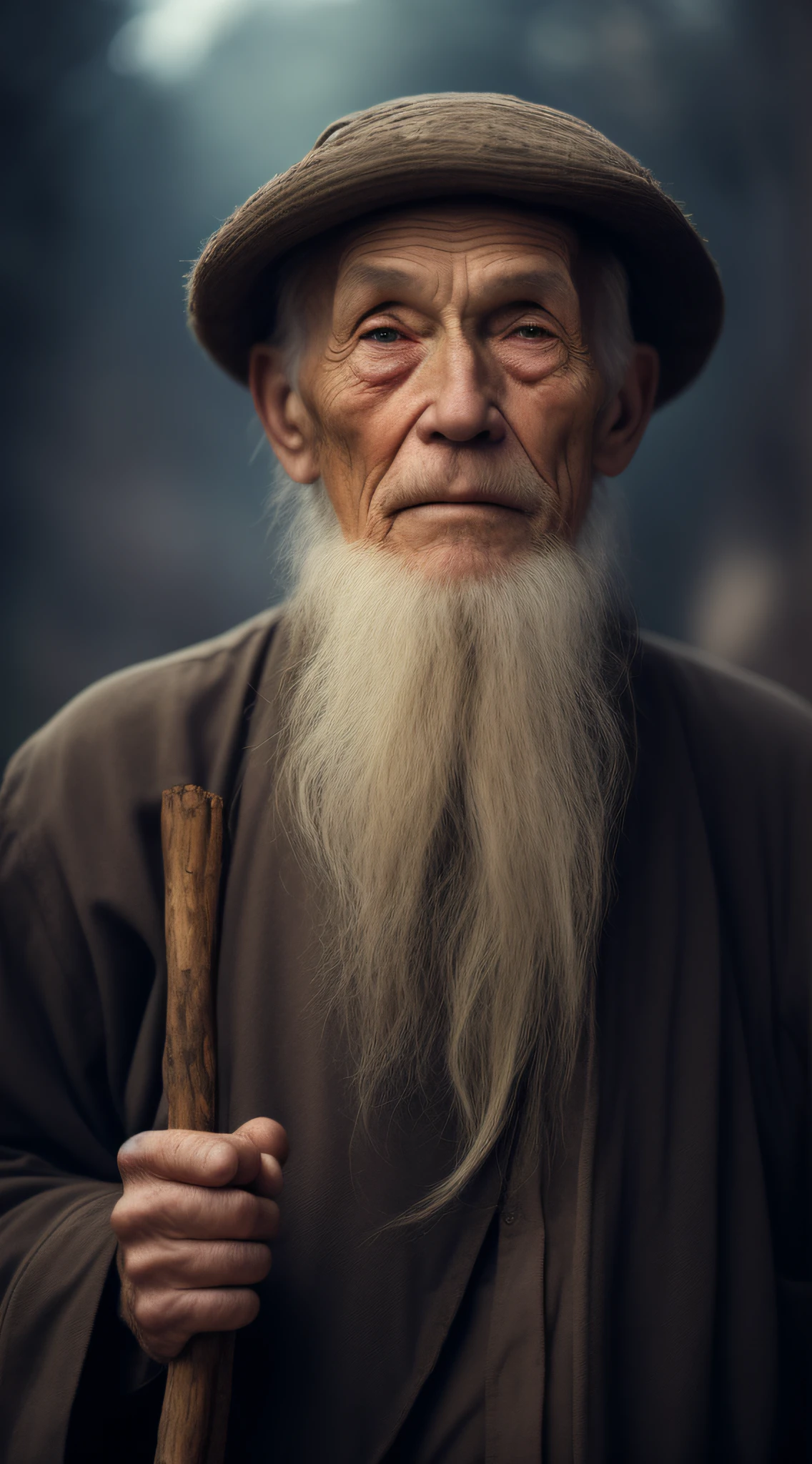 with a long beard，With a hat on、Alafield man holding a stick, one old man, portrait of an old man, sharp looking portrait, calm expression, Smart old man, stunning portrait, beautiful portraits, portrait photo of an old man, a old man, a old man, with a calm expression, portrait of monk, of an old man, portrait of an old man, perfectly centered portrait