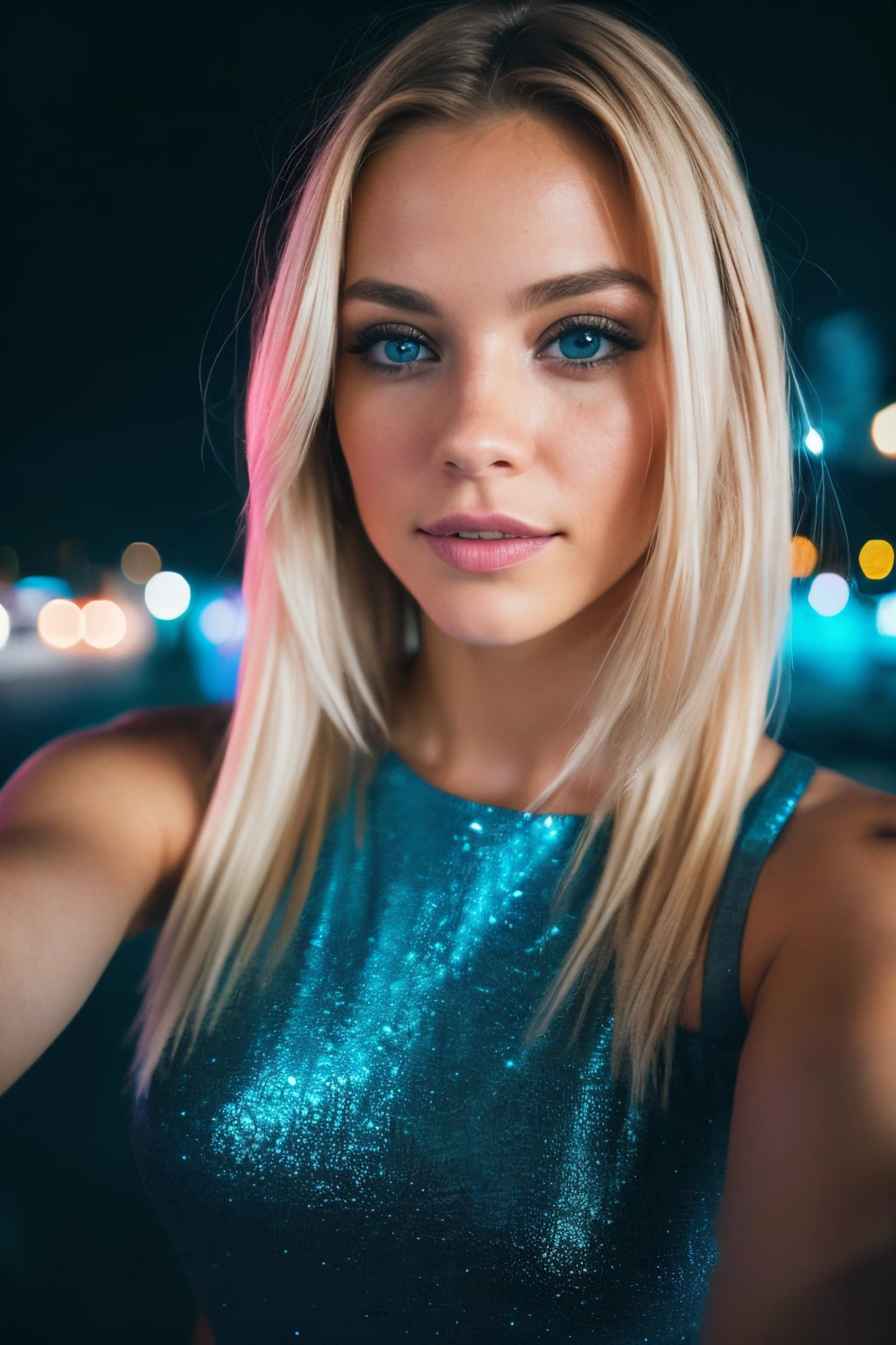 (selfie shot: 1.4), (postrait de medio cuerpo: 1.4), RAW uhd portrait photo of a 24 year old blonde (mujer de ojos muy azules) walking down a dark alleyway, breasts_b natural, fondo nocturno de la ciudad, (vestido rojo), (escote), detallado (¡Textures!, ¡hair!, brillo, color!!, imperfecciones: 1.1), ojos azules brillantes altamente detallados, (staring at the camera), specular lighting, DSLR, ultra calidad, foco nítido, Sharp tack, dof, movie grain, (centrado), Fujifilm XT3, cristalino, centro del marco, cara linda, foco nítido, farola, neon lights, bokeh, (poco iluminado), clave baja, por la noche, (cielo nocturno) poros detallados de la piel, piel grasa, bronceado, detalles intrincados de los ojos