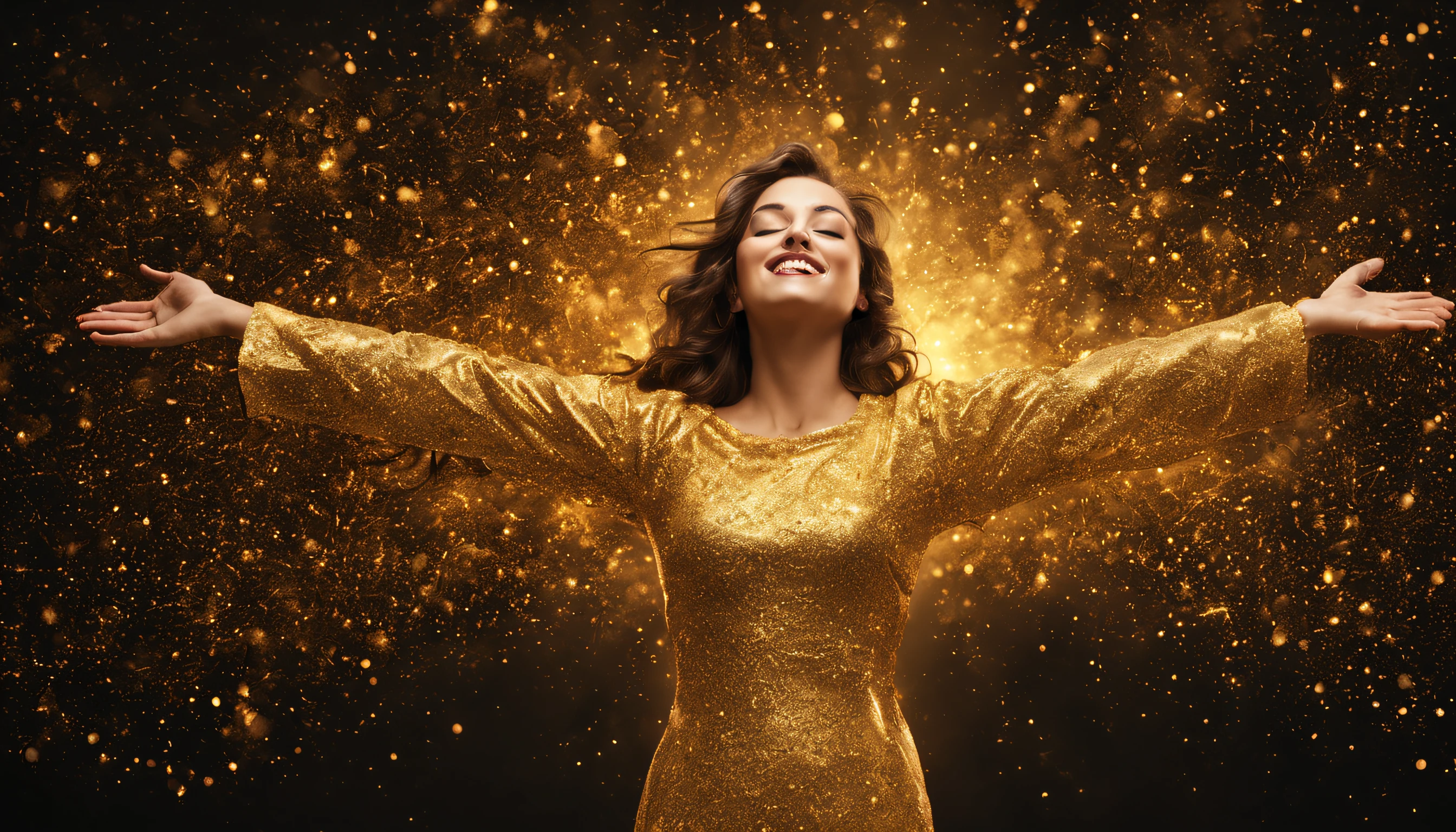 uma pessoa sorrindo, with open arms, surrounded by golden particles of light, representing the attraction of the desired reality through the power of imagination.