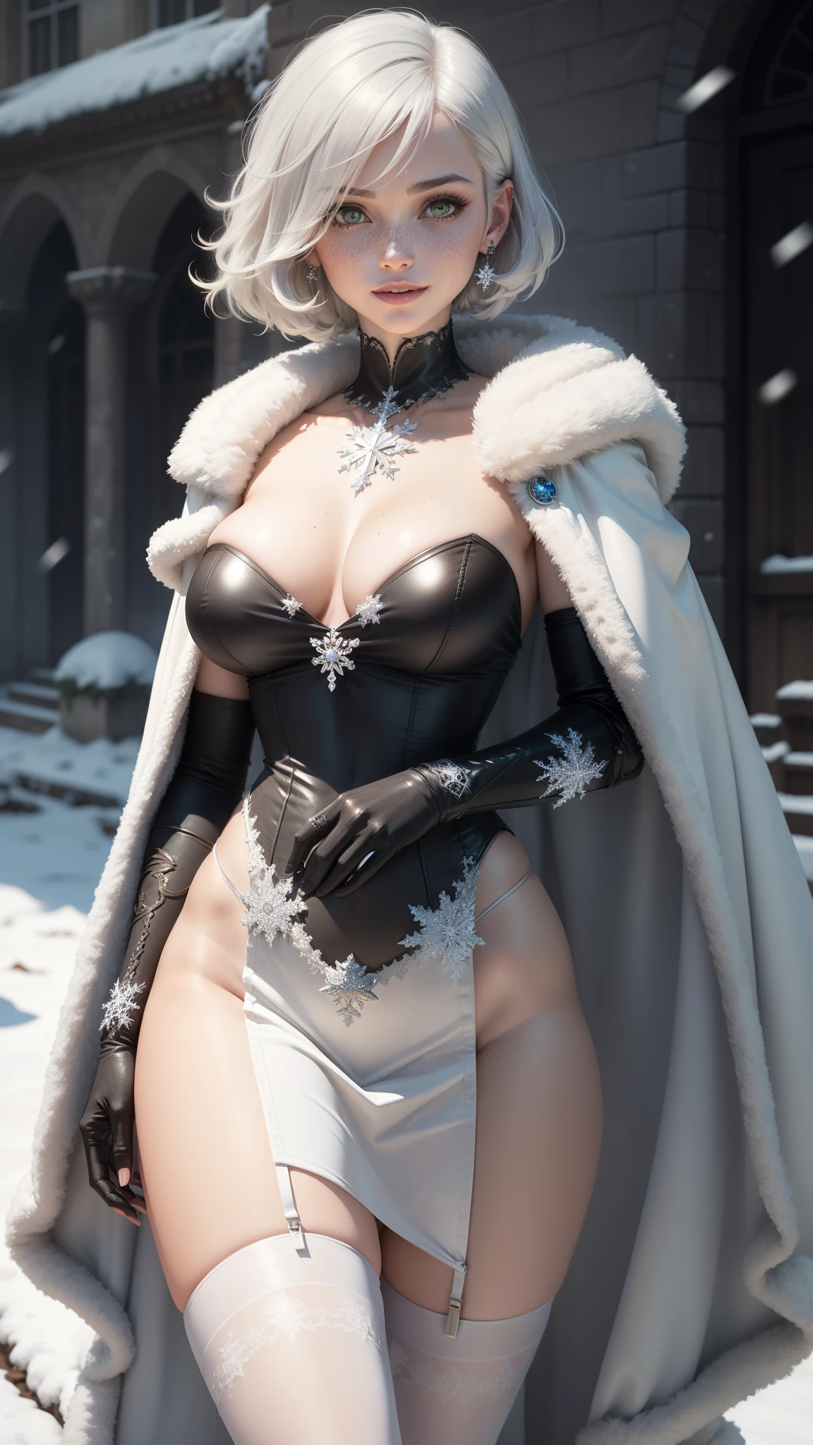 gwen tennyson,1girl,tracer,y'shtola rhul,yorha 2b,rebecca chambers,nier automata,atelier ryza,close up,christmas castle,tattoos,white plugsuit,white short sleeve crystal leotard,silver embroidery long white snowflake gown dress,silver embroidery crystal corset,short hair,princess makeup,green glowing eyes,multicolored silver hair,sexy smile,freckles,beautiful girl,large breasts,white stockings,8k,ultra detailed,realistic,fantasy art,crystal armor,winter armor,fur cloak,snowflake princess dress,long dress train,silver crystal crown,ear piercings,christmas holiday,snowflake hand and neck jewelry,walking,(weather:snowflakes falling),