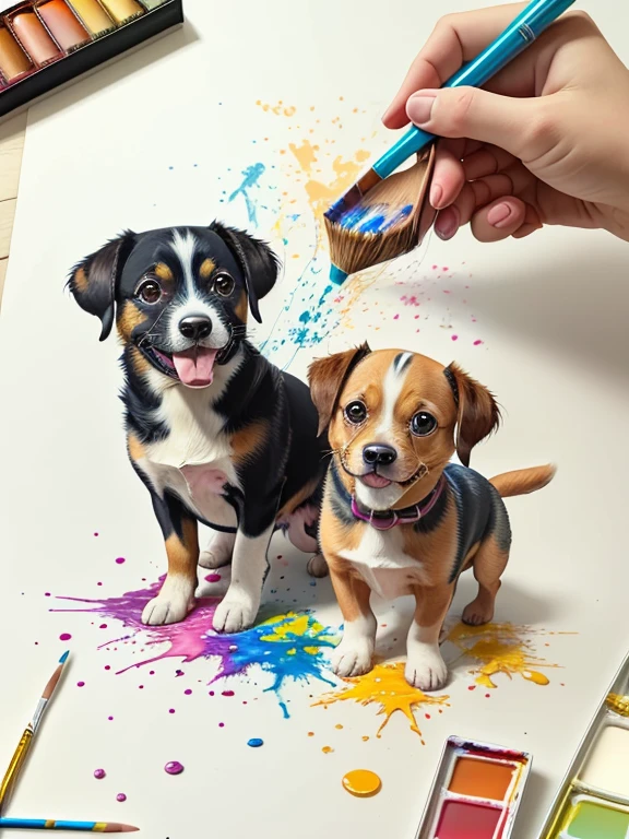 colored pencil drawing of two little dogs playing together with paint splashes and falling paint drops --ar 4:5 --s 500