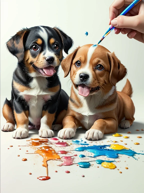 colored pencil drawing of two little dogs playing together with paint splashes and falling paint drops --ar 4:5 --s 500