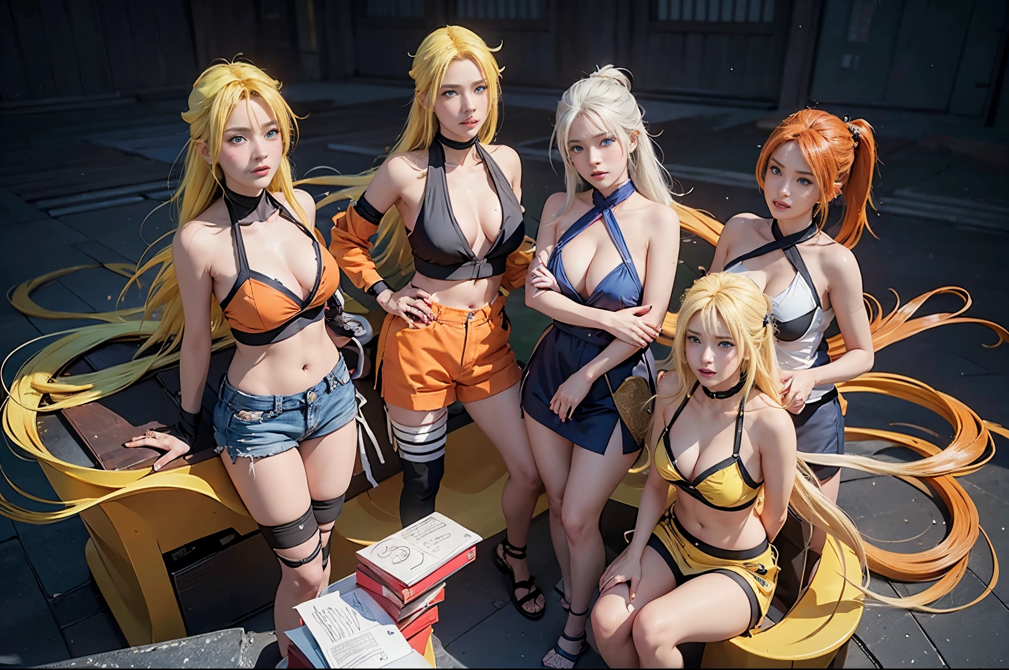 generate 5Narutoes all with yellow hair from naruto anime, best quality, masterpiece,so manygirl, smile, raytracing, ultra detailed, 8k wallpaper, wide hips, tsundere face, large breast, ninja headband. (long hair:1.1),yellow hair, ((blue eyes)), looking at viewer, collarbone, orange bikini, cleavage, female, at ramen shop, eating ramen. surrounded by narutoes, cat whiskers cheek, (((more than 2 narutoes))) full body picture, full body shoot, ((kage bunshin no jutsu)), masterpiece, best quality:1.2),(8k,highres,RAW photo,realistic,photo-realistic:1.3),(detailed skin texture,detailed cloth texture,beautiful detailed face:1.25),professional lighting,photon mapping,beautiful soft light,radiosity,physically-based rendering,model shoot style, model shoot style, (extremely detailed CG unity 8k wallpaper), full shot body photo of the most beautiful artwork in the world, complex 3d render ultra detailed, looking at viewer, 18 yo, wet hair, real human skin, vibrant details, hyperrealistic, beautiful, octane render, 8k, best quality, masterpiece, an extremely delicate and beautiful, extremely detailed ,CG ,unity ,wallpaper, (realistic, photo-realistic:1.37),Amazing, finely detail, masterpiece,best quality,official art, extremely detailed CG unity 8k wallpaper ,extreme detailed eyes, (perfect face), shiny skin, colorful, highest detailed, vibrant colors, ultra high res, (high contrast), intricate, lens flare,