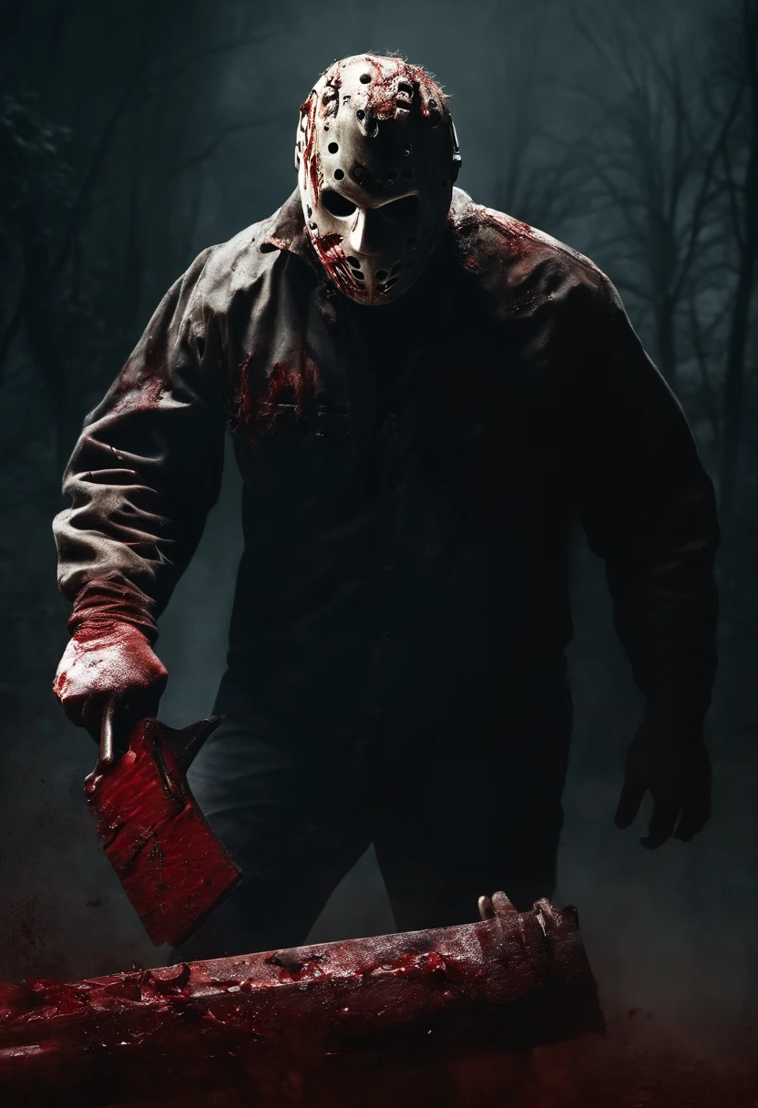 The image shows a bloodied chainsaw covered in fresh gore, with a terrified victim's hand visible behind the killer in the background.,Friday the 13th,jason vorhees, male