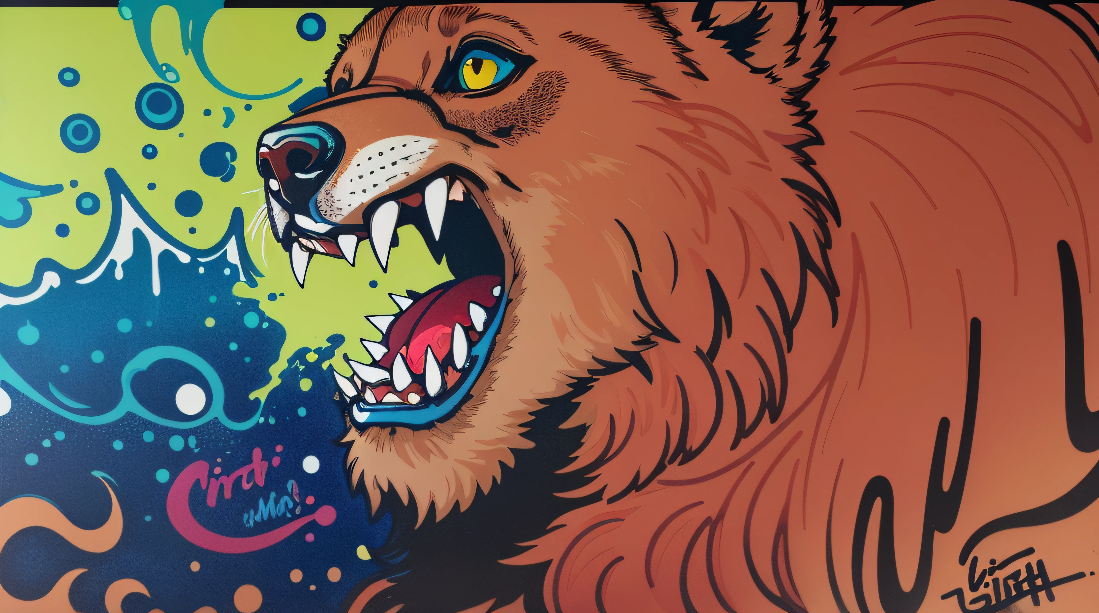 pintura de graffiti de um urso com uma bebida na boca, Serigrafia a 3 cores, Serigrafia colorida, grained risograph, Serigrafia, Serigrafia, hyper detail illustration, Serigrafia, psychedelic laughing demon, serigrafia pop art, uau uau detalhe, Detalhe de tinta superfina, arte da serigrafia, incredible details;, velvet poster