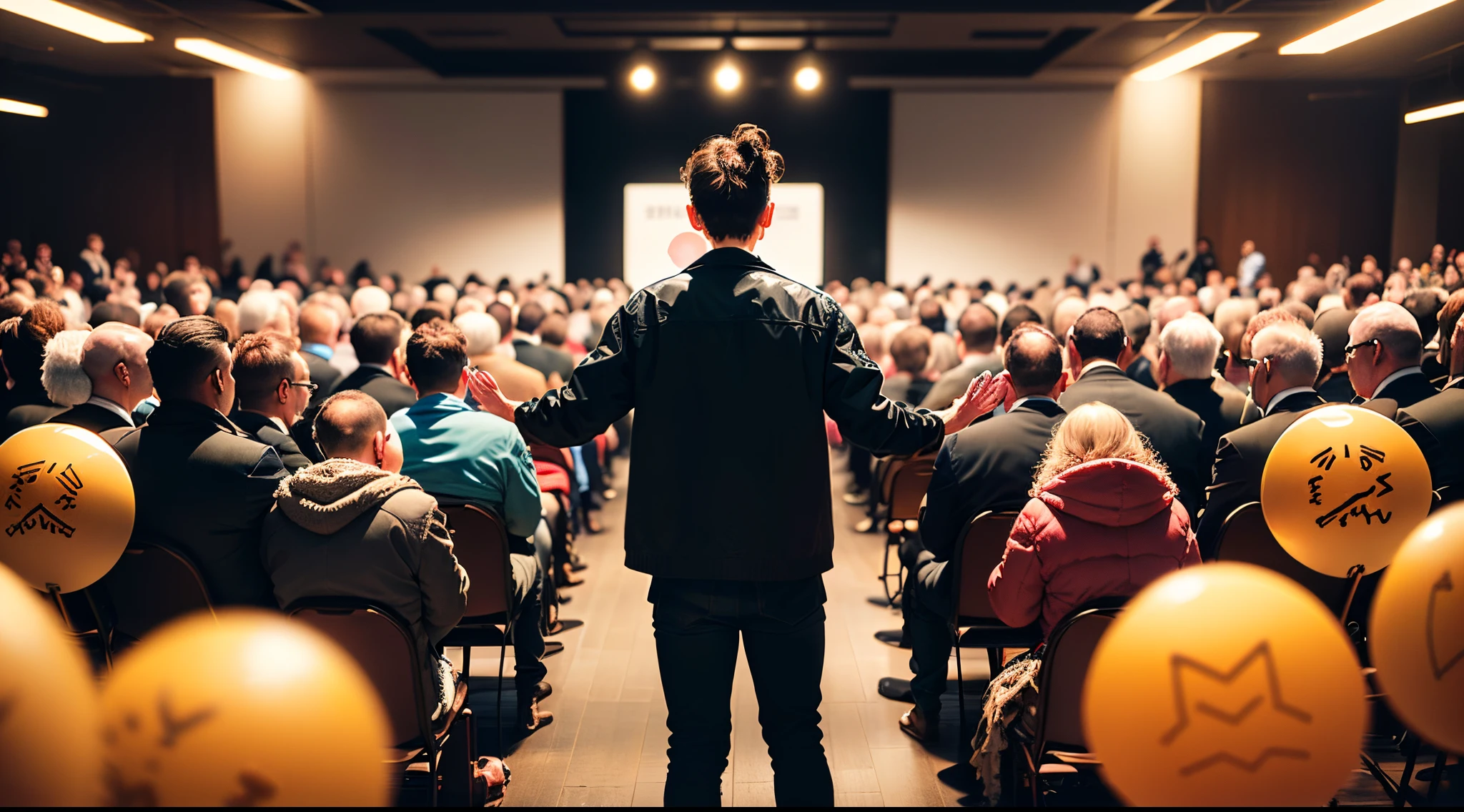 Picture a scene with a deaf person in a room filled with people talking animatedly. The deaf individual may appear isolated, with speech bubbles around them filled with distorted or unclear symbols, representing the challenge of understanding spoken language without hearing.