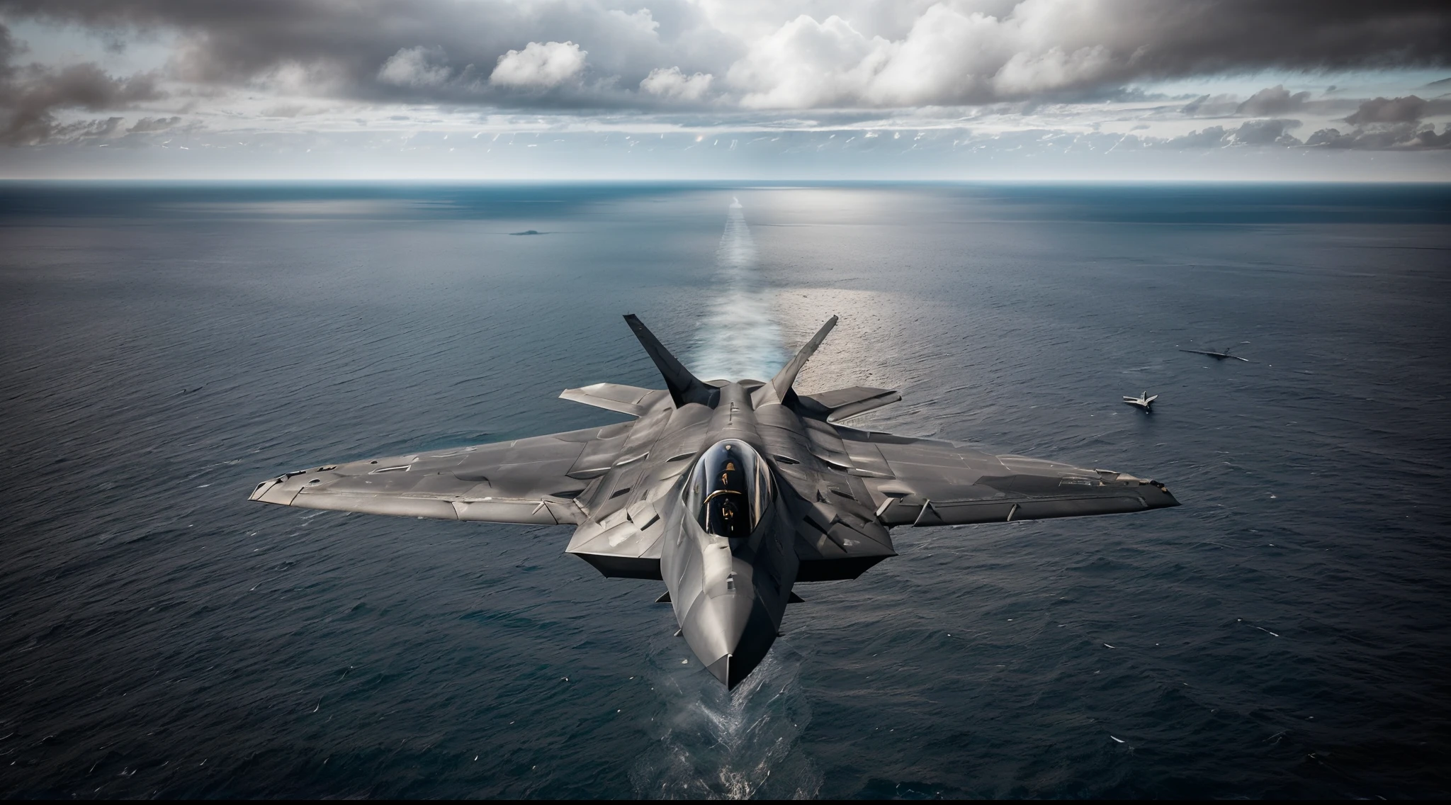 (mastepiece) (((Black modern plane - fighter. Flying over the ocean))). There is an Aircraft Carrier below. ((It's cloudy weather, it's evening.)) centered to frame, simitry, cinematic light, realism, crystal clear image, intricate details, 200mm f2