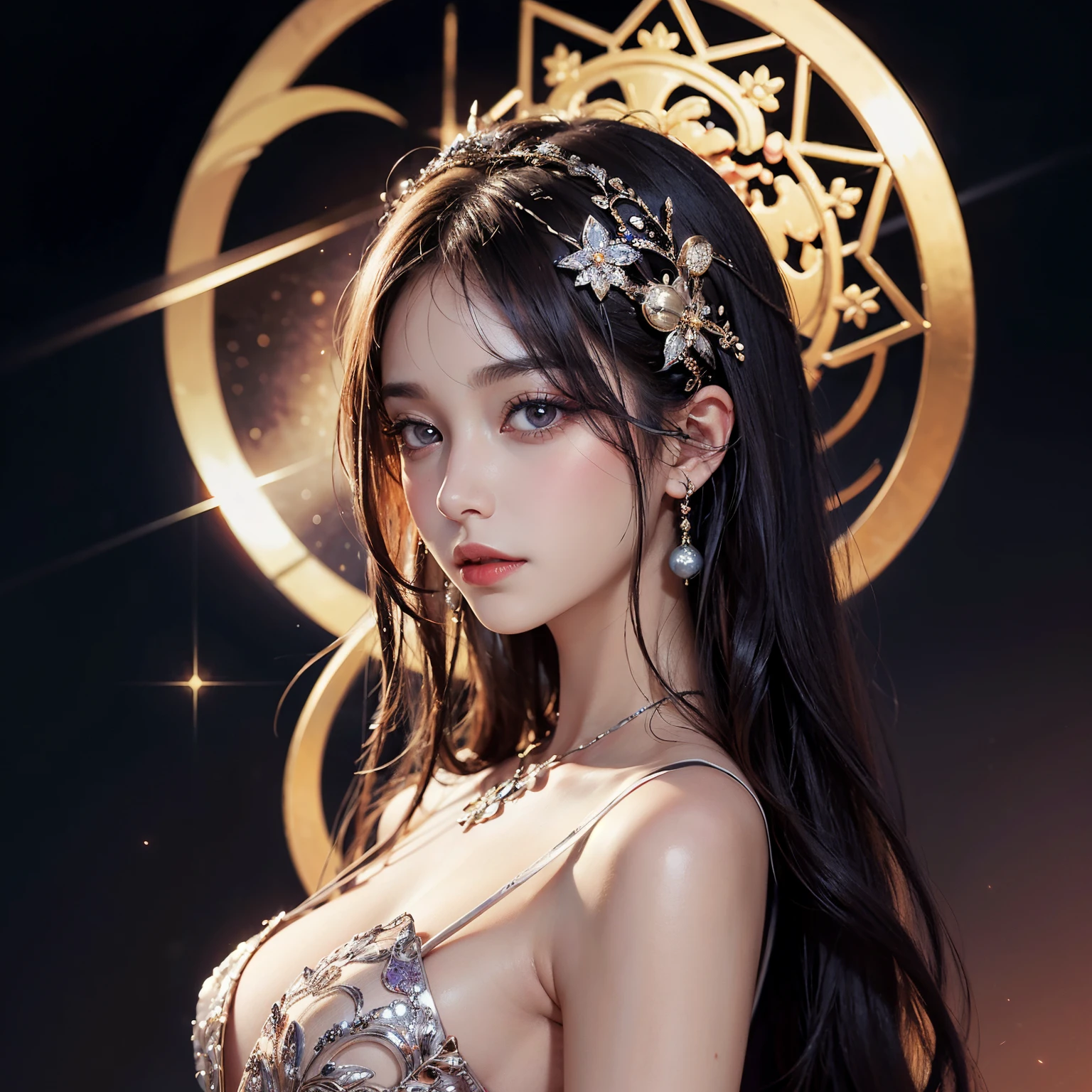 woman, beautiful lunar mystic, ornate scarlet dress, long flowing dark hair, small lunar symbols, silver crescents, arts nouveau, sparkling eyes, full lips, soft focus, creamy details, creamy scarlet and lilac colours,high detail