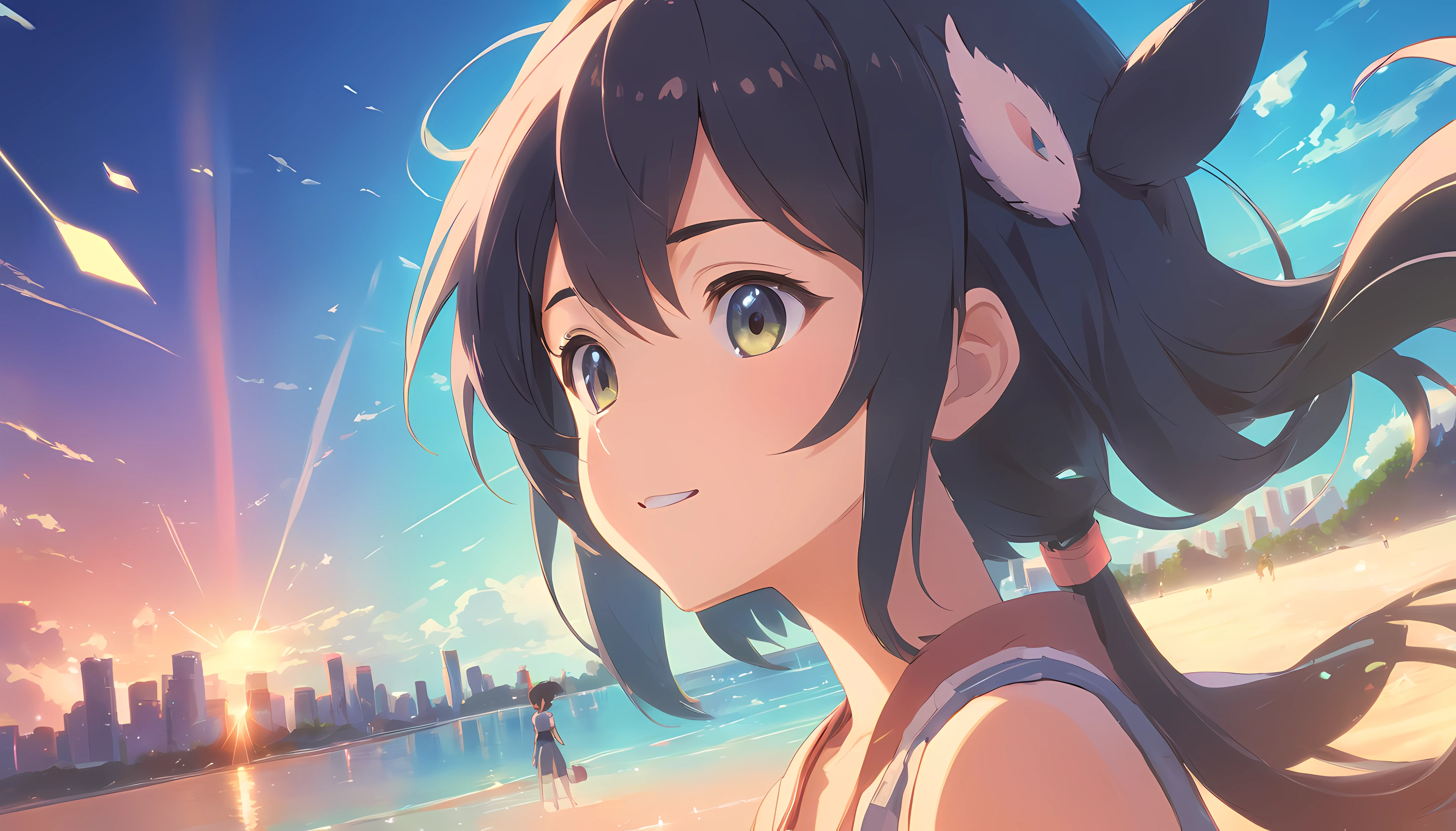 black hair, hair bobbles, wince, longeyelashes, solid circle eyes, fake animal ears, light smile, ear blush, fang, nsfw, wakfu, Surrealism, drop shadow, anaglyph, stereogram, tachi-e, pov, atmospheric perspective, 8k, super detail, ccurate, best quality, HD, 1080P