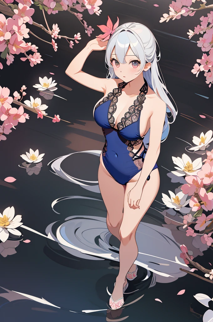 (​masterpiece、top-quality:1.5、a high chroma:1.5、ultra-detailliert、high-resolution illustrations:1.5、Ultra-high-definition CG、8k size wallpaper、offcial art)、(Cross Lace One Piece Swimsuit:1.5)、 Large breasts
,look from above,Cowboy Shot、girl, cloud, Colorful, masutepiece, (Flower background)