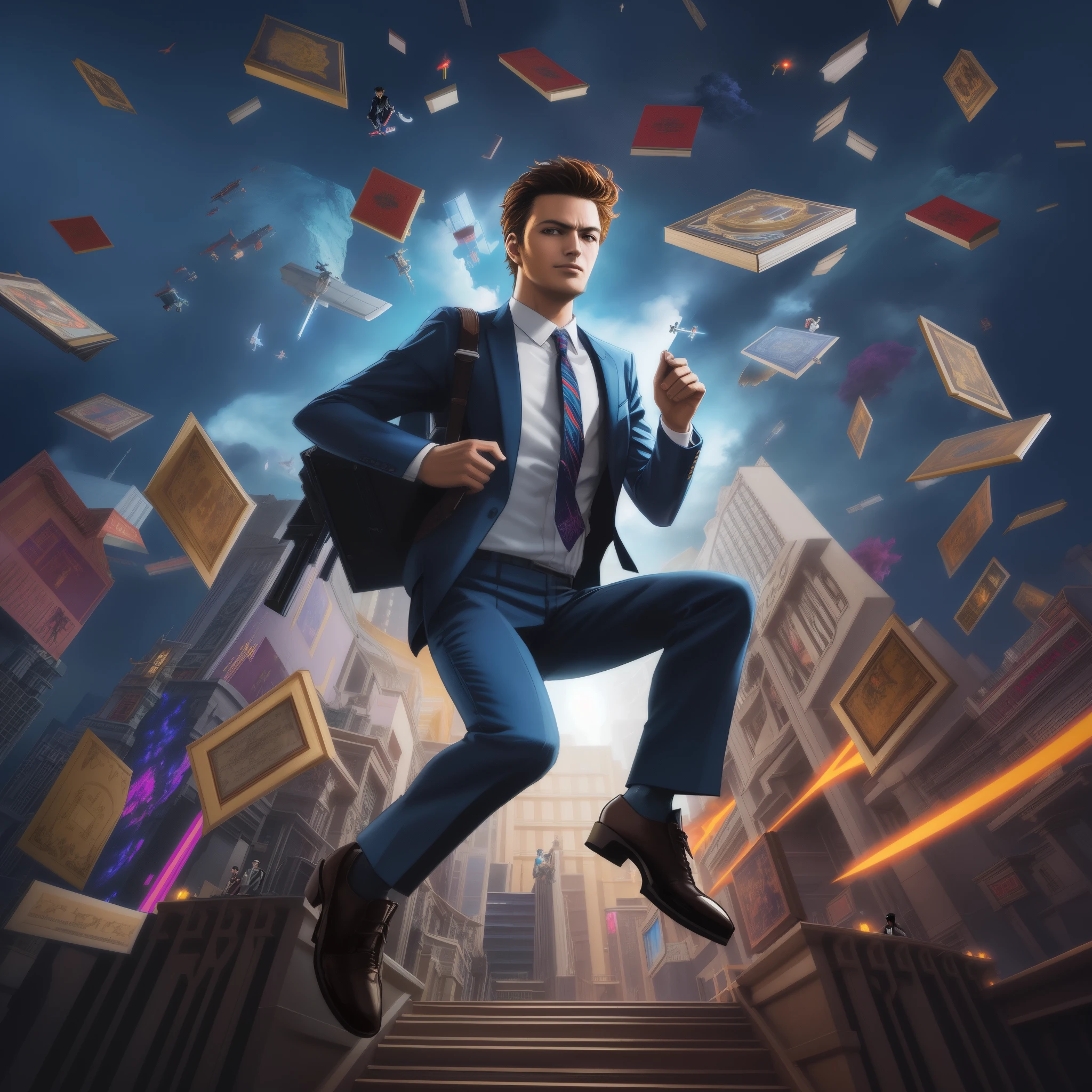 arafed man in a suit and tie jumping up a flight of stairs, stylized urban fantasy artwork, album art, promo art, key art, promotional art, movie promotional image, flying books, promotional render, by John La Gatta, inspired by Michael Komarck, 3 d epic illustrations, portrait shot, promotional image, game key art