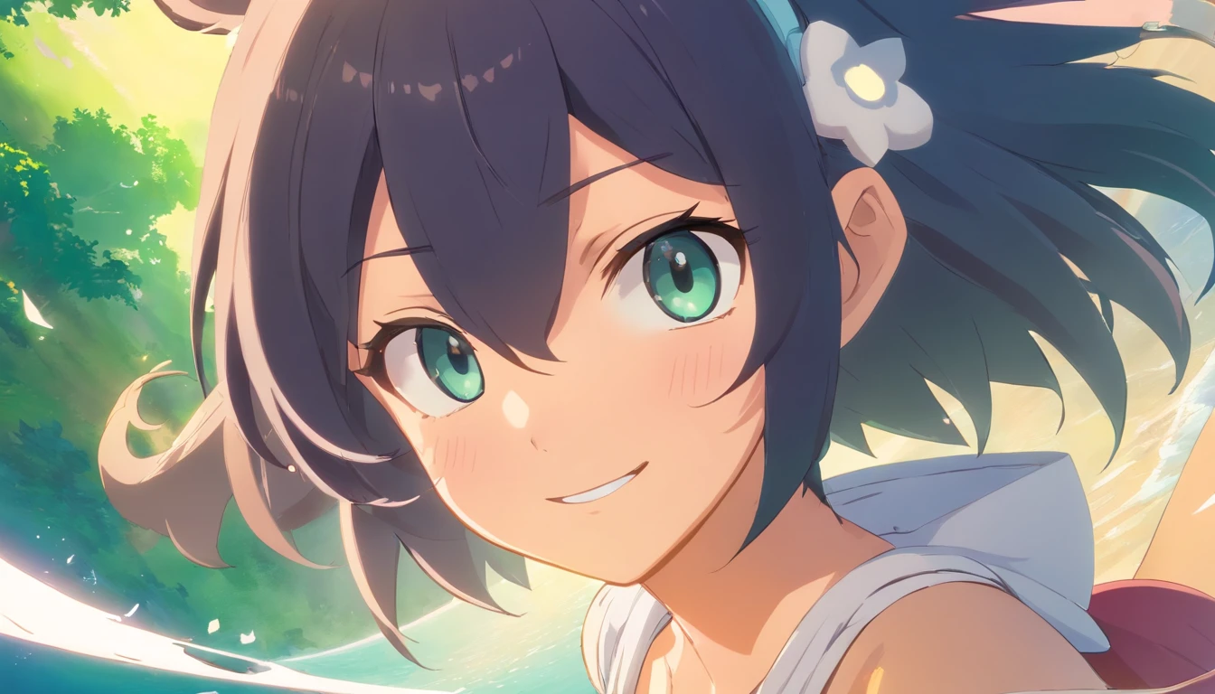 black hair, hair bobbles, wince, longeyelashes, solid circle eyes, fake animal ears, light smile, ear blush, fang, nsfw, wakfu, Surrealism, drop shadow, anaglyph, stereogram, tachi-e, pov, atmospheric perspective, 8k, super detail, ccurate, best quality, HD, 1080P
