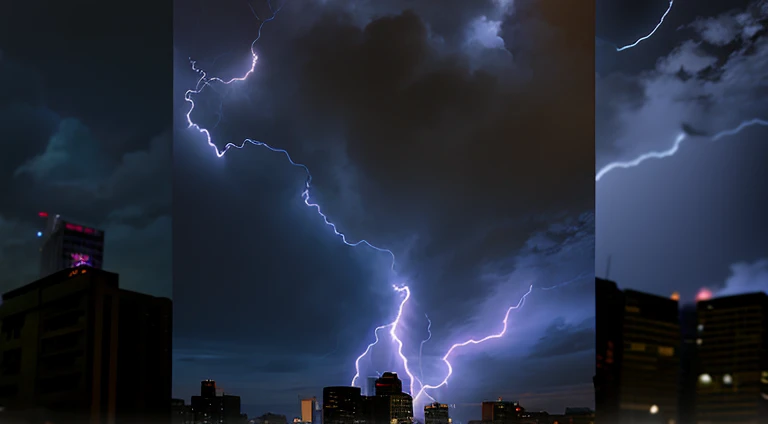a close-up of lightning striking a city at night, with thunderstorms, Trovoadas, contrast lightning, with lightning bolts, Background lightning, lightnings, Lightning in the sky, with lightning bolts, Detailed lighting and thunder, um raio de ponto, crackling with bolts of lightning, beatifull lightning, lighting bolts, Atmospheric lightning, lightning in the background, Trovoadas, efeitos de raios