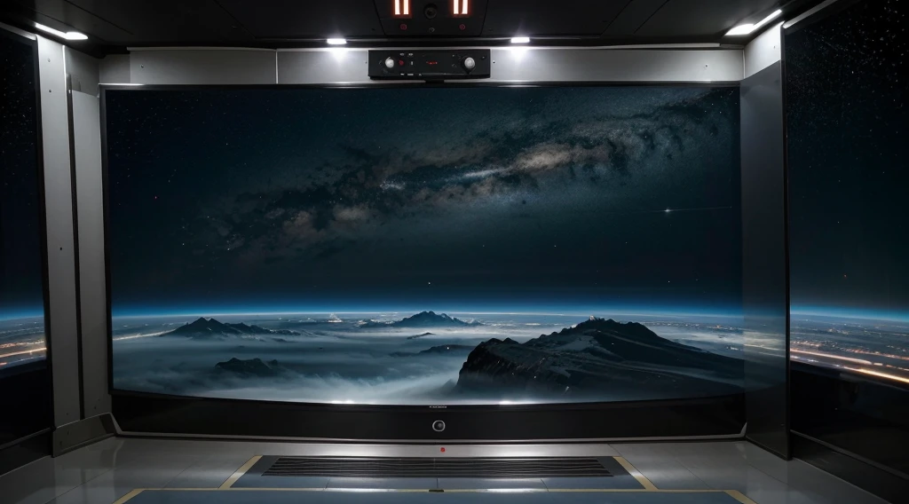 a large tv that covers most of the picture in a space station