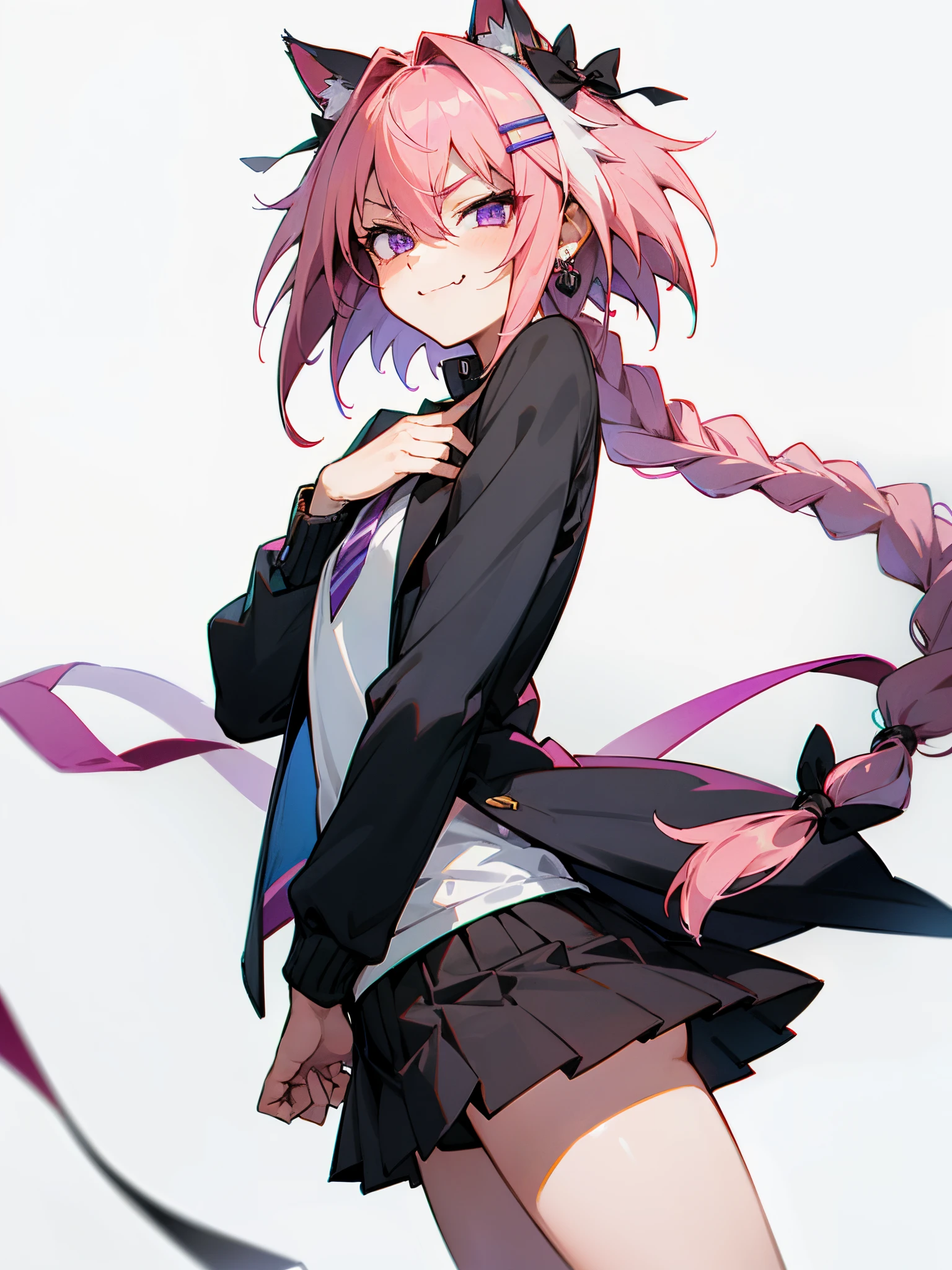 ((simple white background)), (masterpiece, sidelighting, finely detailed purple eyes: 1.2), ((best quality)), ((masterpiece)), anime, young girl, small chest, childish body, (office shirt), pleated skirt, (black fancy jacket), anime sharp tooth, pale skin, (shadowed eyes, darkened eyes), (smug smirk, cheerful), (long braided hair, pink-white hair, messy haircut, hair between eyes, hairclips on left side), (cat ears), earrings, solo, 1girl,