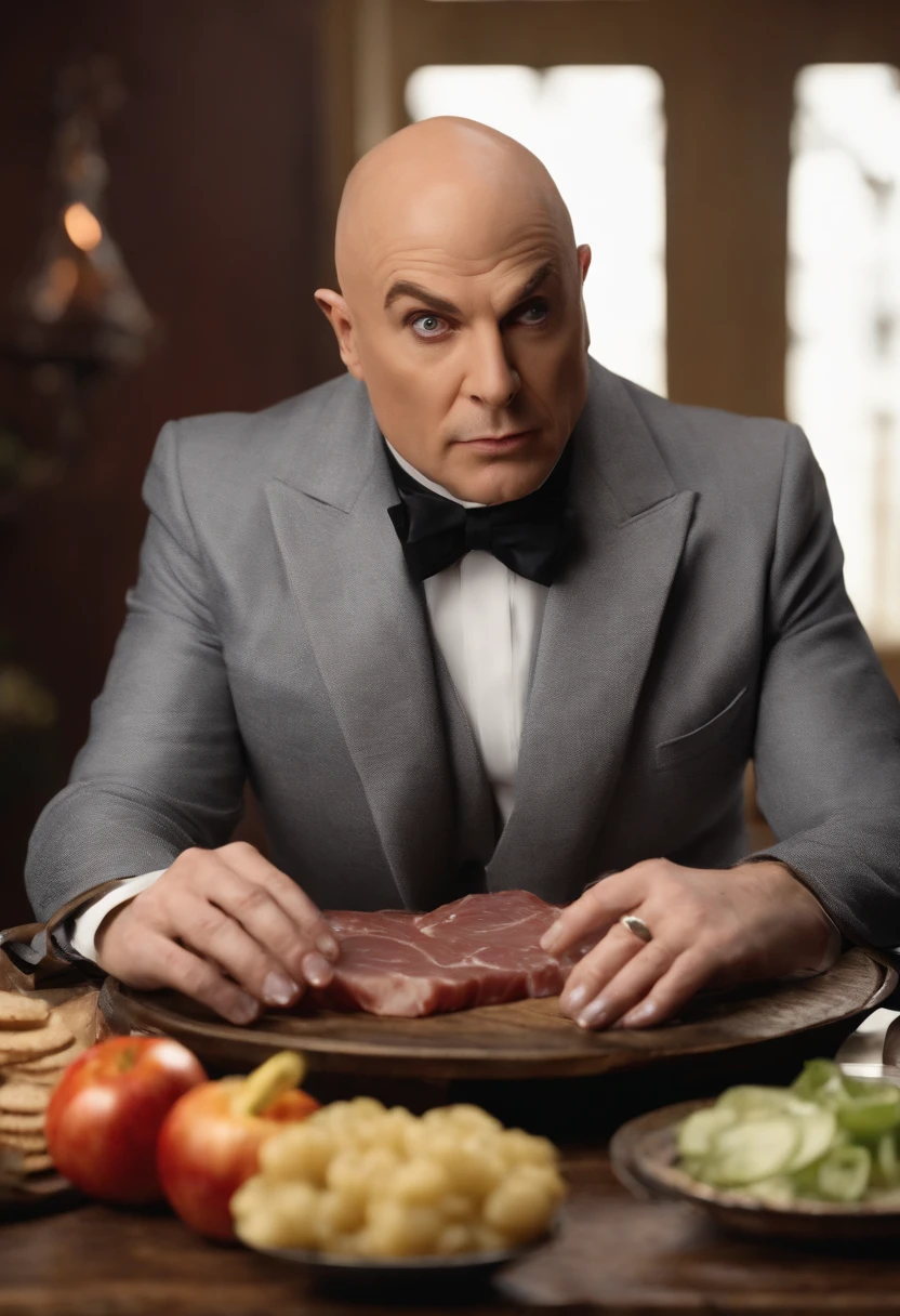 A photo of Doctor Evil attempting to create an evil-themed charcuterie board,Austin Powers: International Man of Mystery,Doctor Evil, the comical villain from the “Austin Powers” series, is characterized by his bald head, a prominent scar running down his right eye, and a matching gray suit that gives him a distinctively villainous look. He often accentuates his appearance with a dramatic, exaggerated facial expression, usually accompanied by his signature pinky gesture near his mouth., male