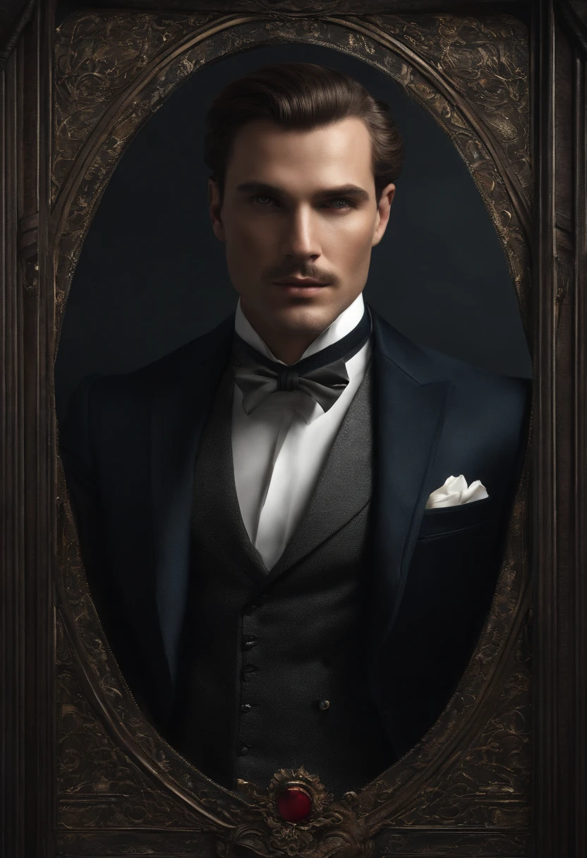 A sexy gentleman,Victorian era fashion, handsome face, black and white photo, homoerotic , focus from head to thighs,  crotch, mysterious expression ,nsfw, erection 
