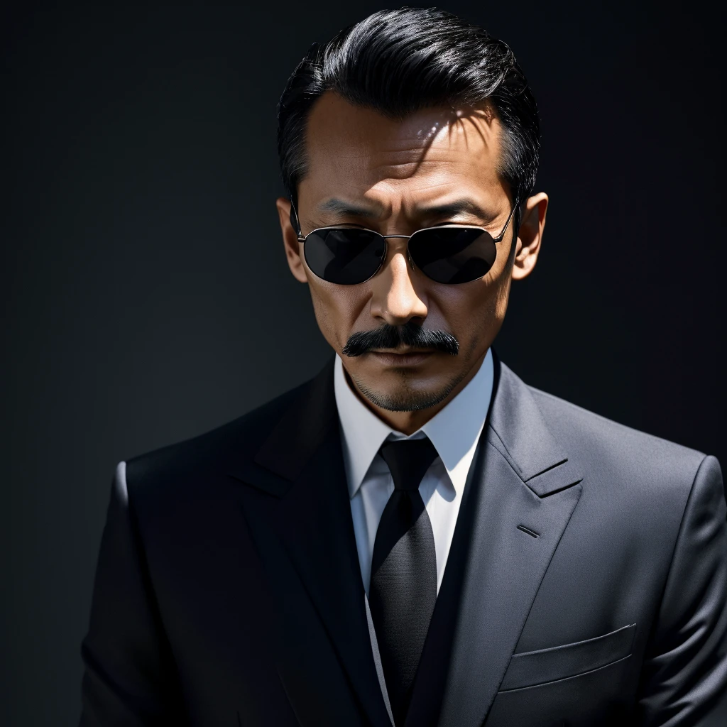 55 years old,Hidetoshi Nakata ,(Kogoro Mouri 1.3), A man in a black suit, necktie, Ray ban sunglasses, tong, mustache,little beard,wizard, can manipulate shadow, shadow beautiful colour, dark, shadow effect, masterpiece,4k hd